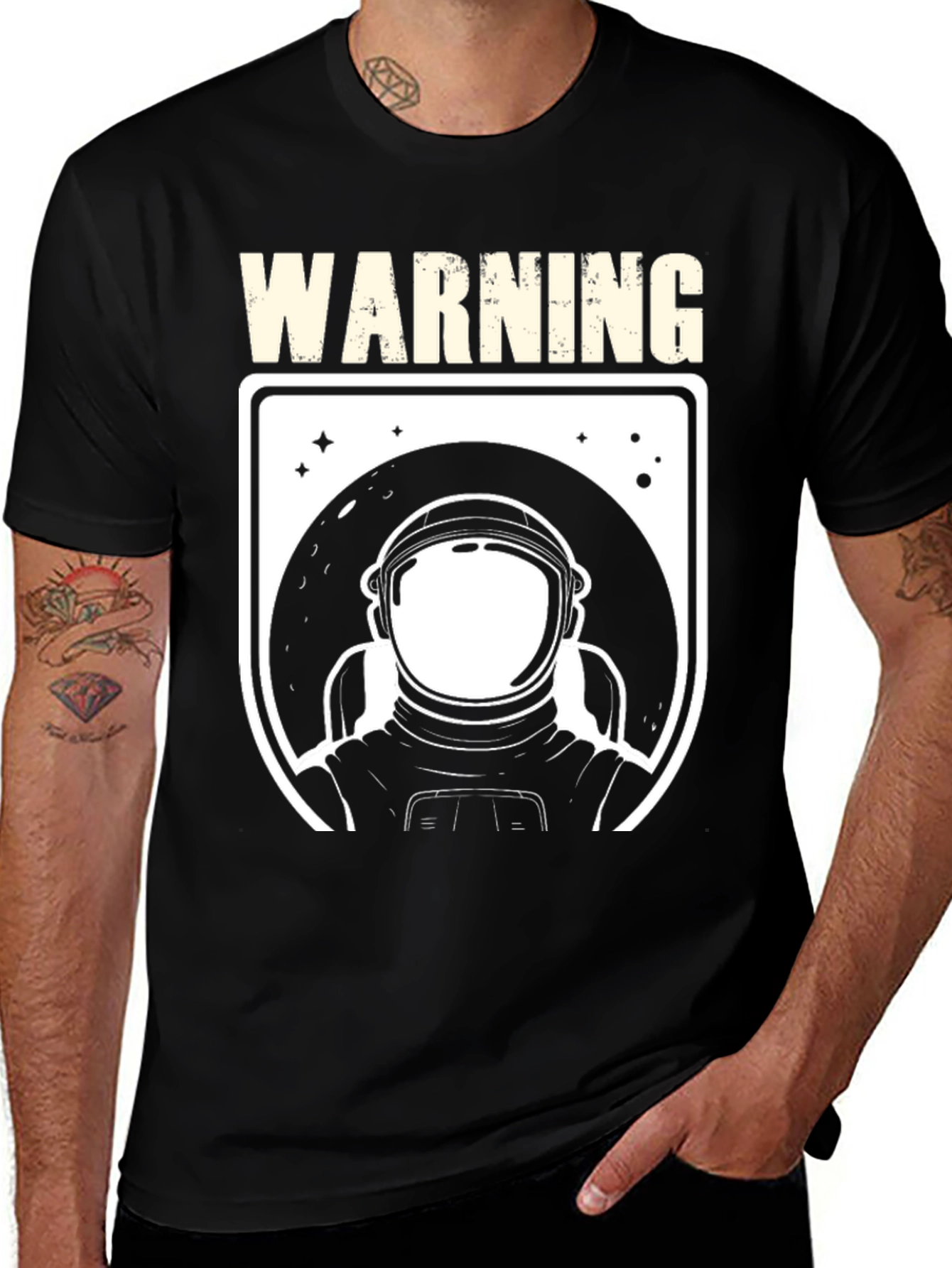 Warning Astronaut Graphic Print Black T-Shirt