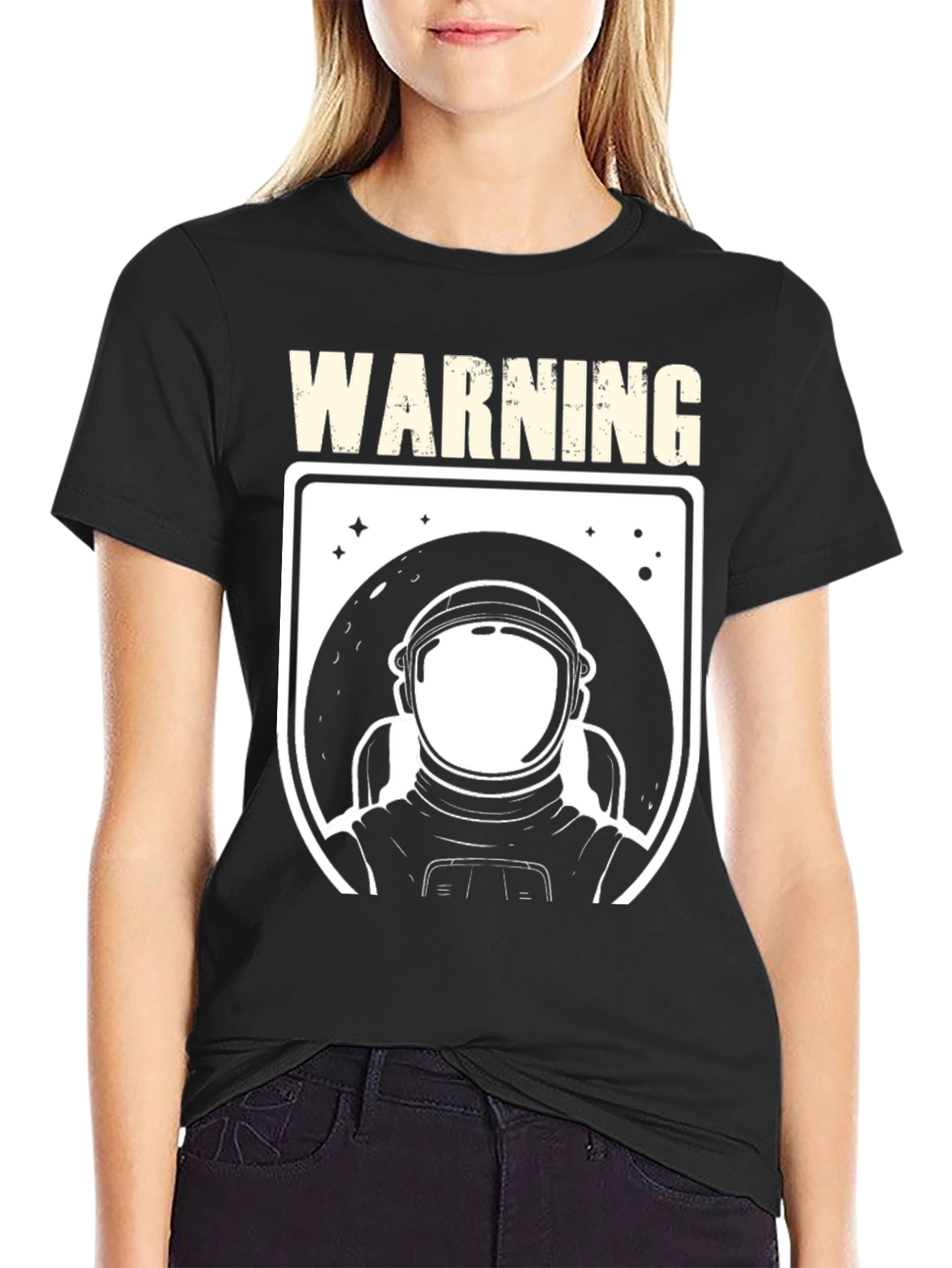 Warning Astronaut Graphic Print Black T-Shirt