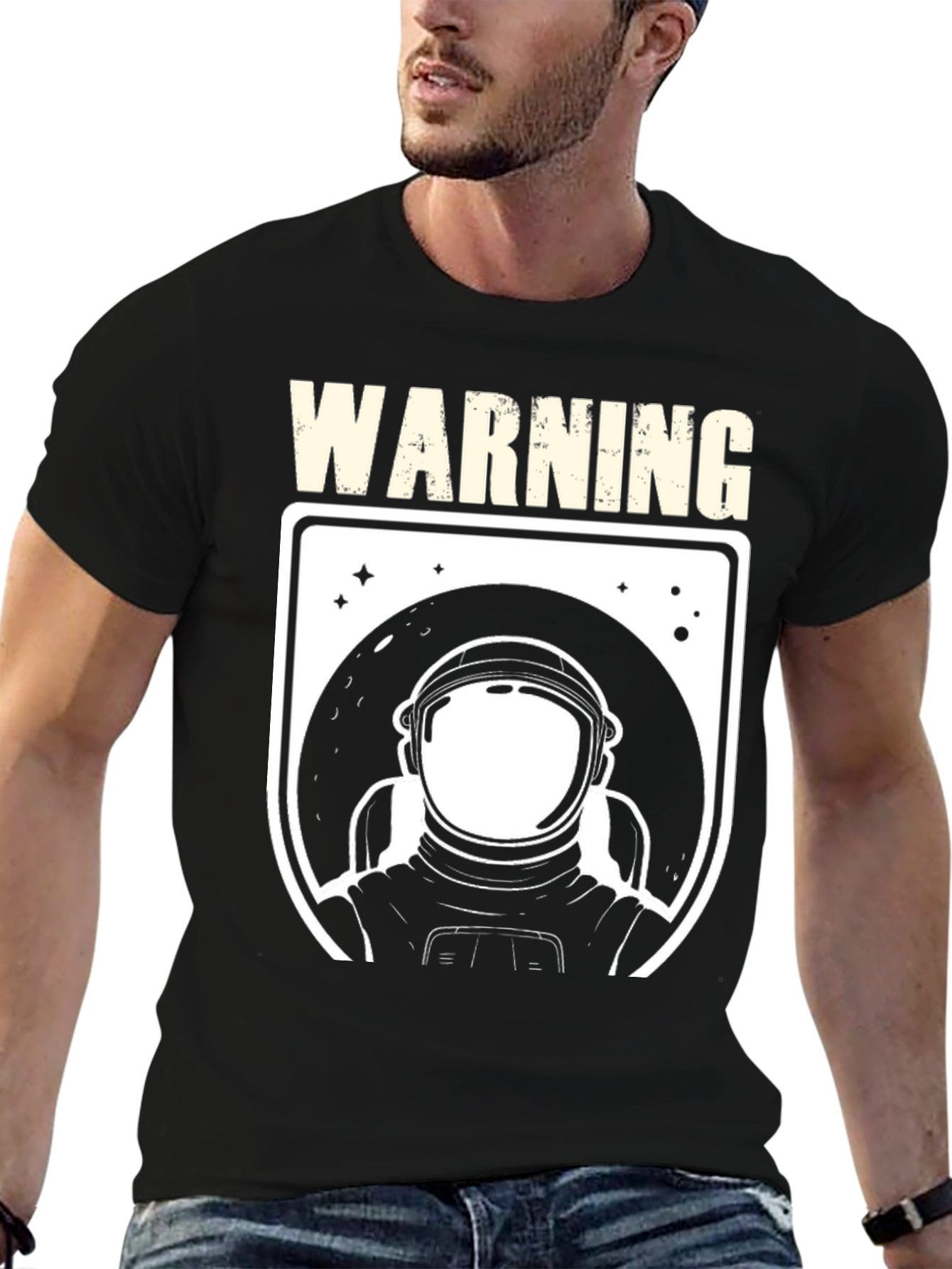 Warning Astronaut Graphic Print Black T-Shirt