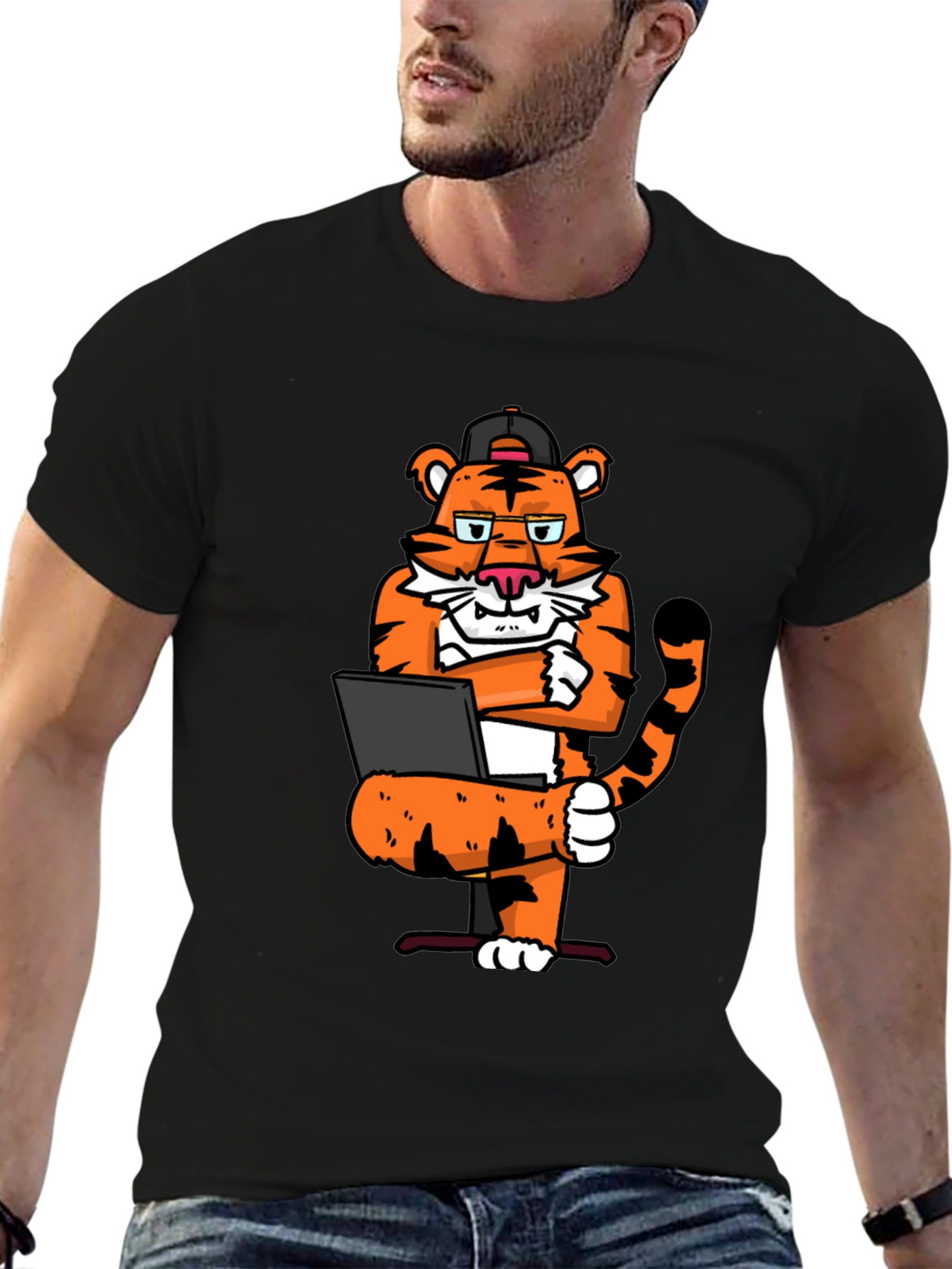 Cool Tiger Working on Laptop Graphic T-Shirt
