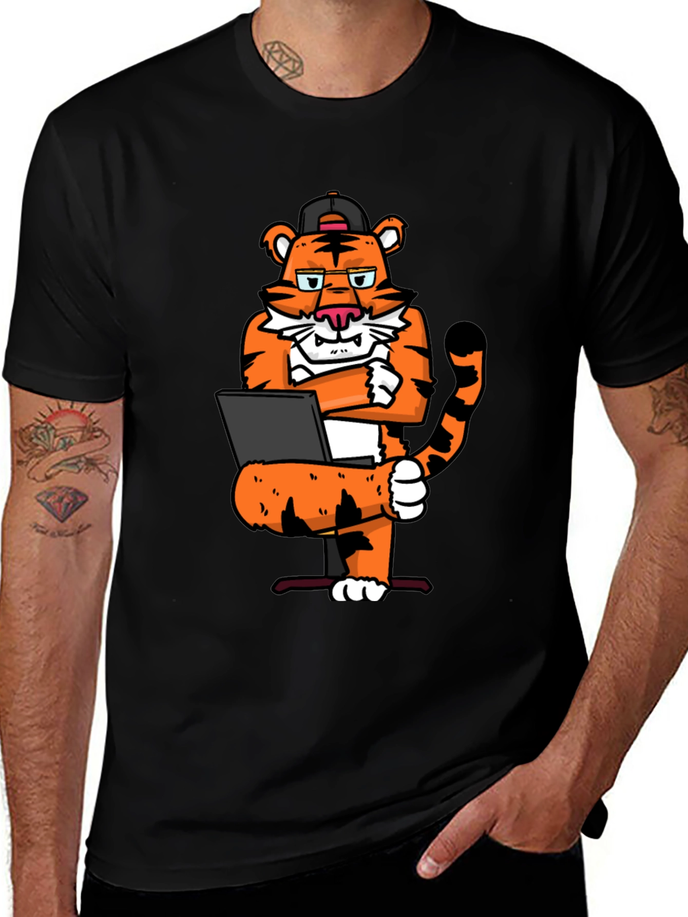 Cool Tiger Working on Laptop Graphic T-Shirt