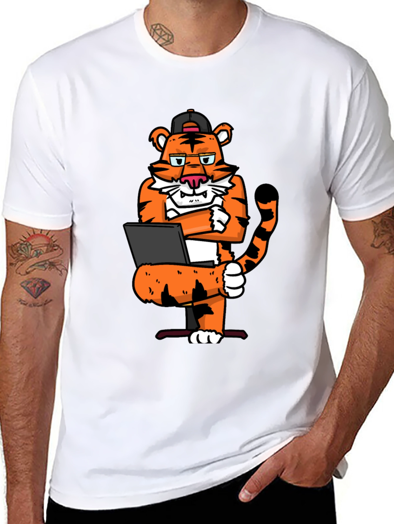 Cool Tiger Working on Laptop Graphic T-Shirt
