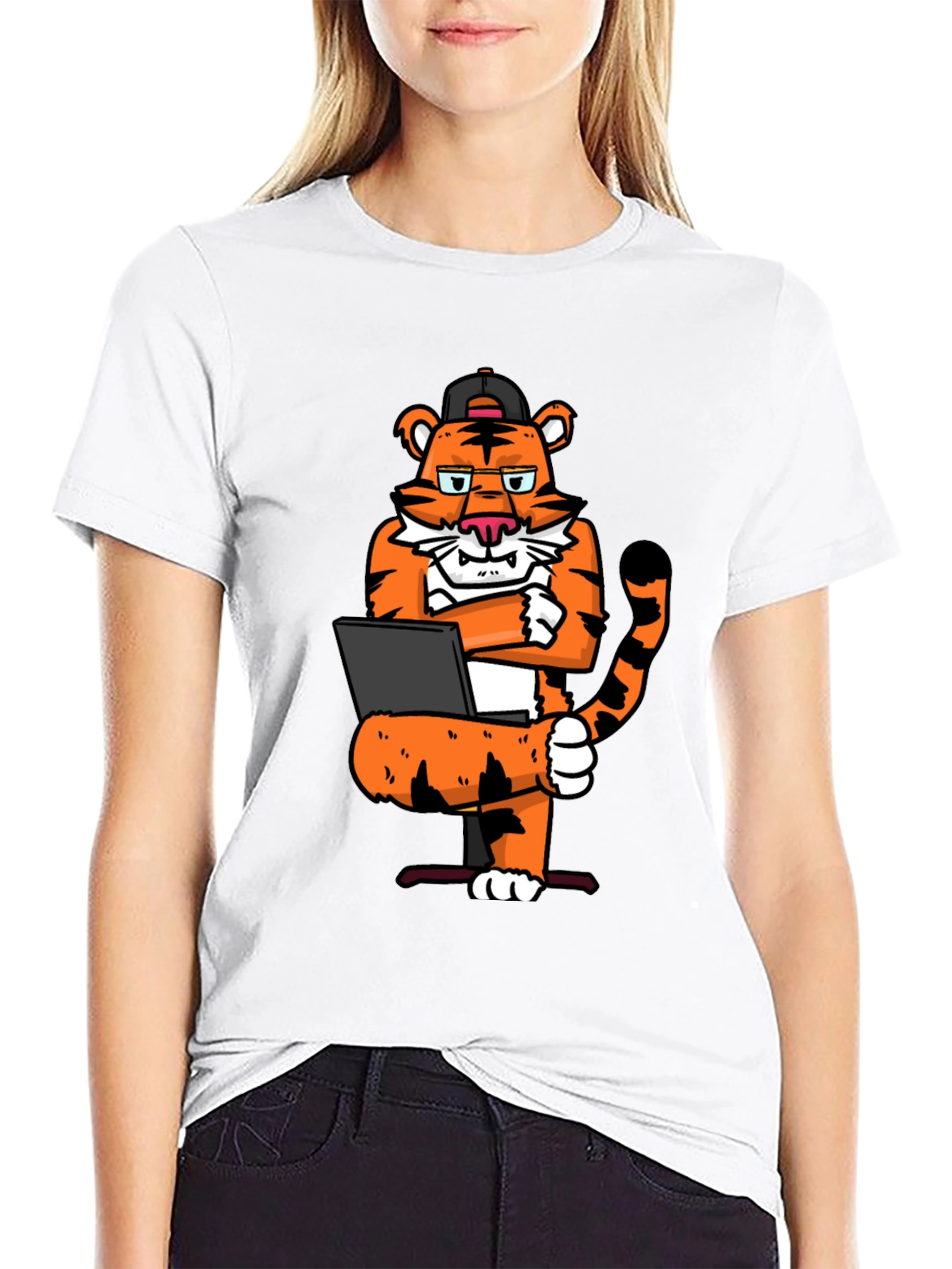 Cool Tiger Working on Laptop Graphic T-Shirt