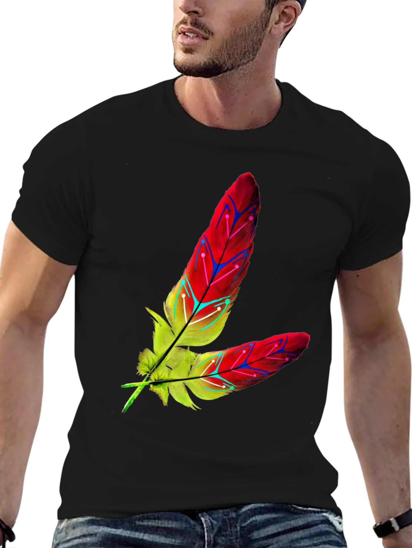 Feather Graphic Tee - Stylish Mens Black T-Shirt