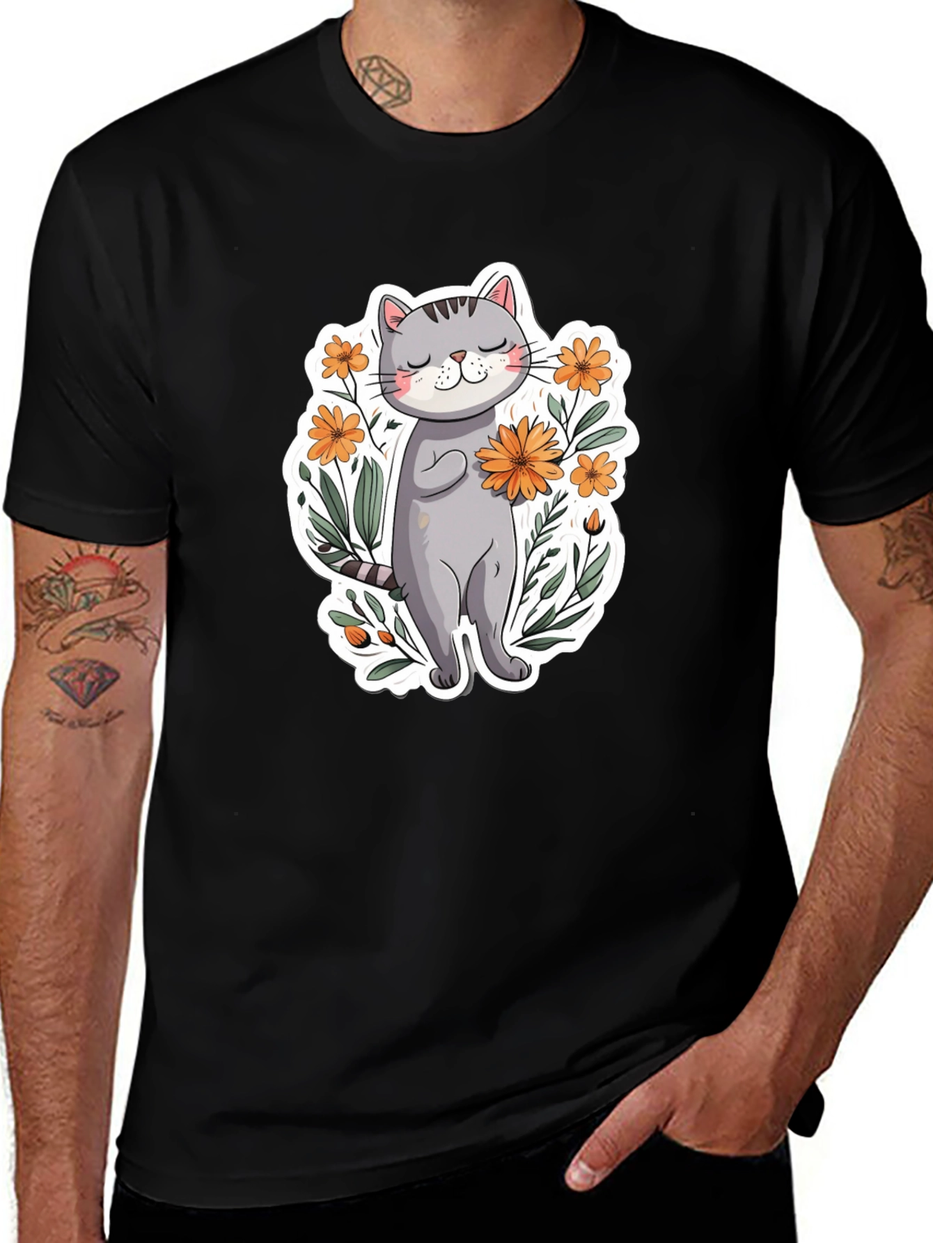 Cute Cat with Flowers Graphic T-Shirt