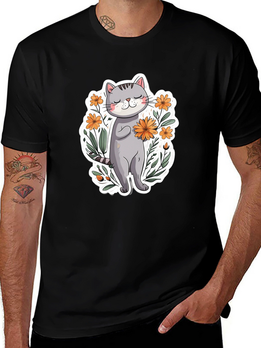 Cute Cat with Flowers Graphic T-Shirt
