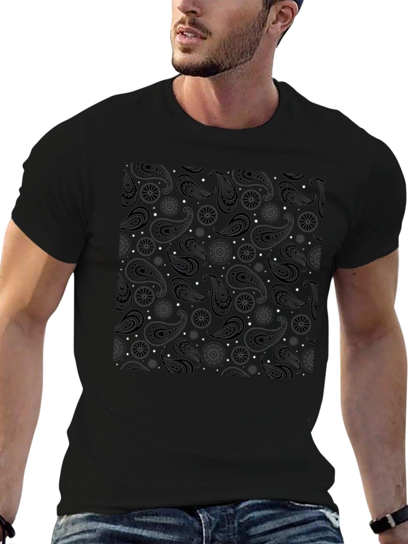 Black Paisley Print Mens T-Shirt