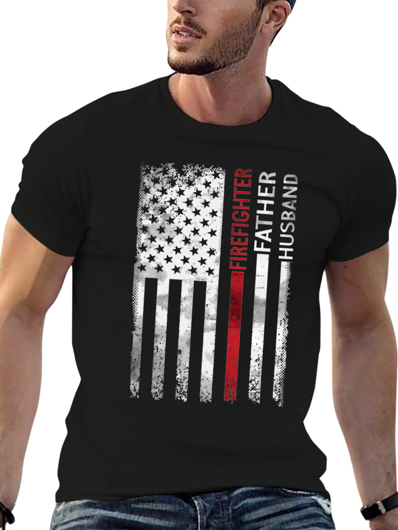 Firefighter Father Husband American Flag T-Shirt