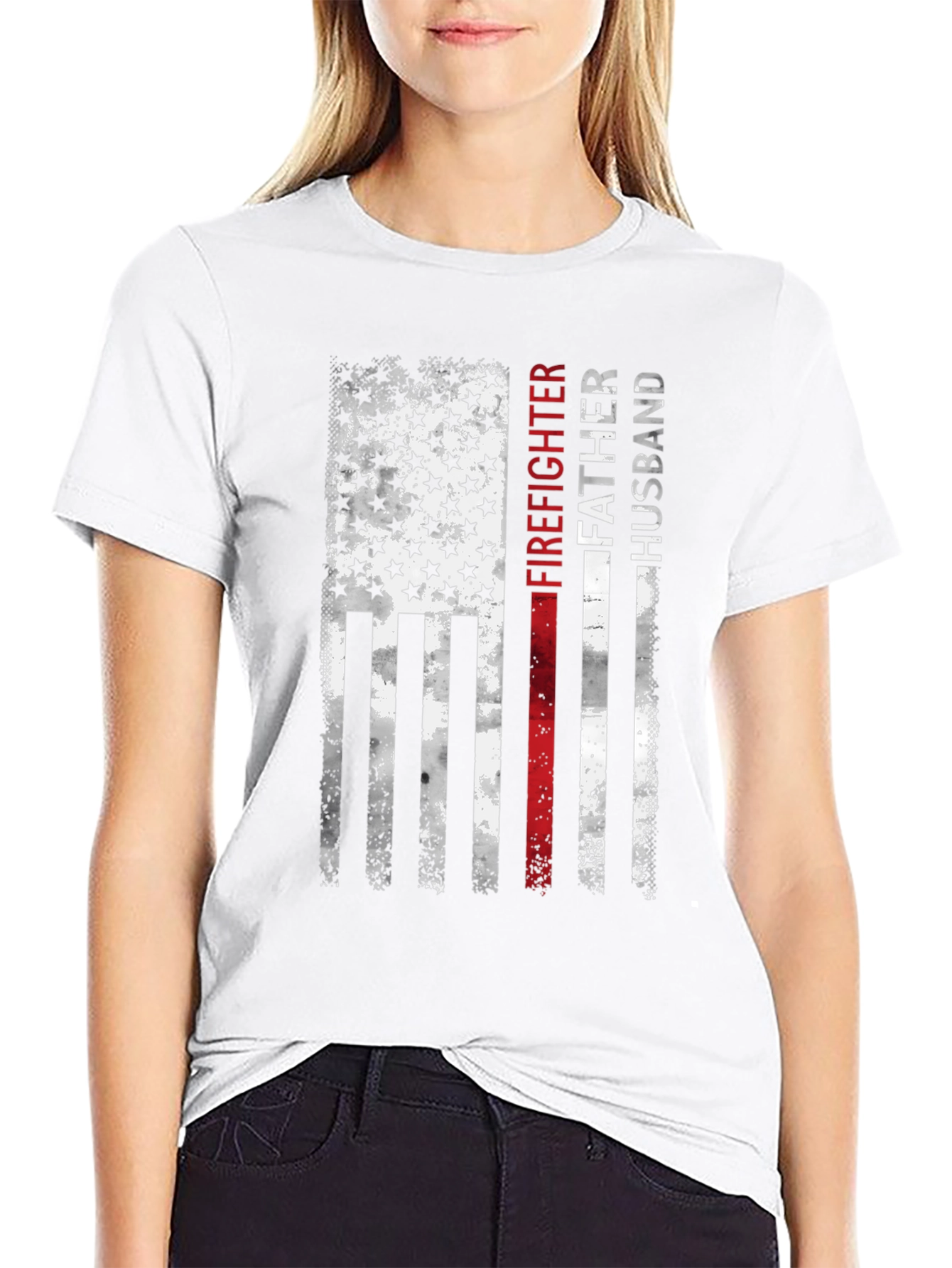 Firefighter Father Husband American Flag T-Shirt