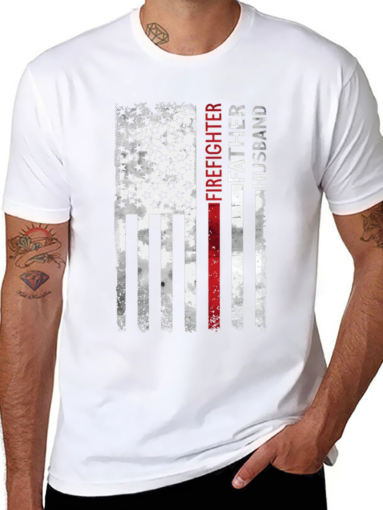 Firefighter Father Husband American Flag T-Shirt