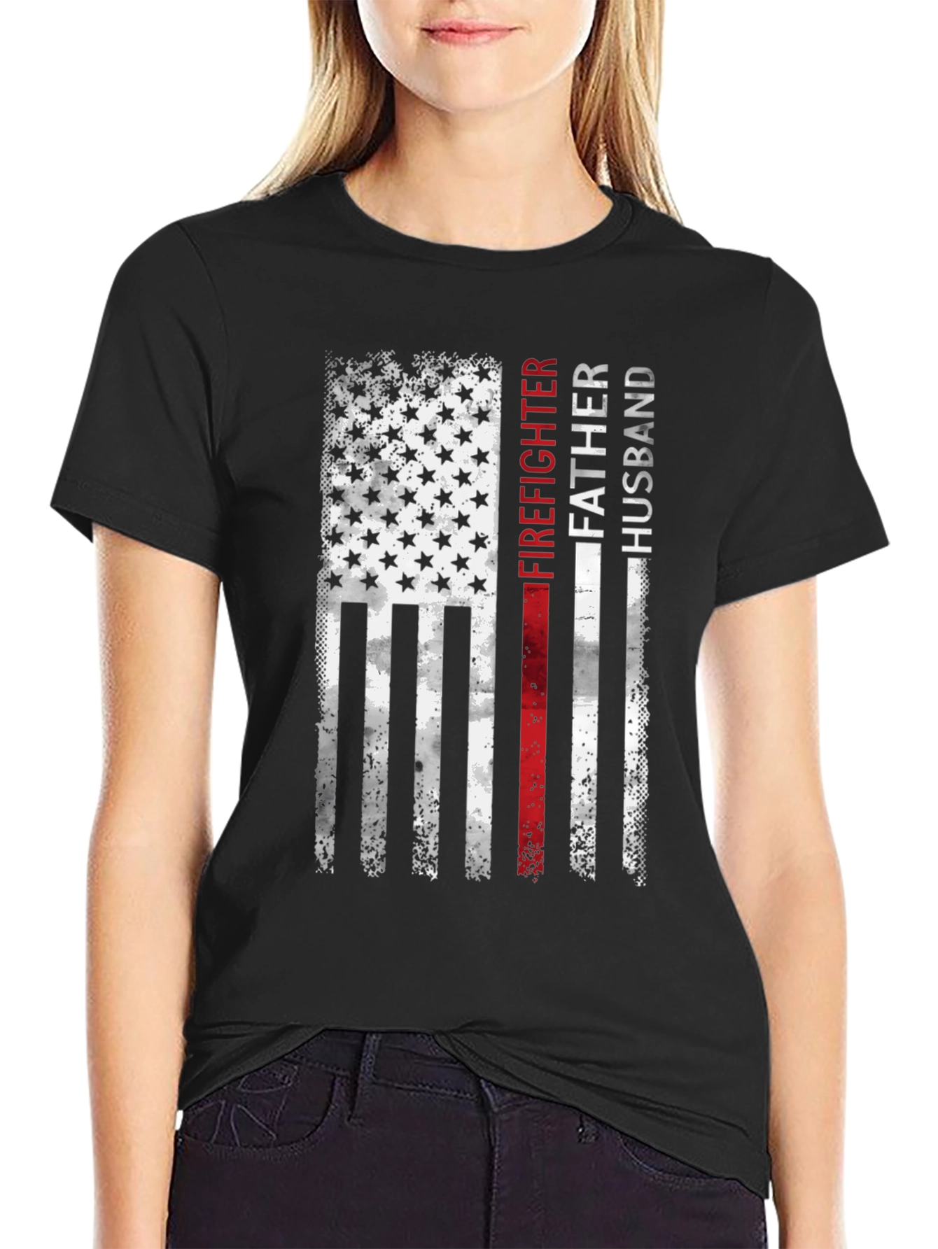 Firefighter Father Husband American Flag T-Shirt