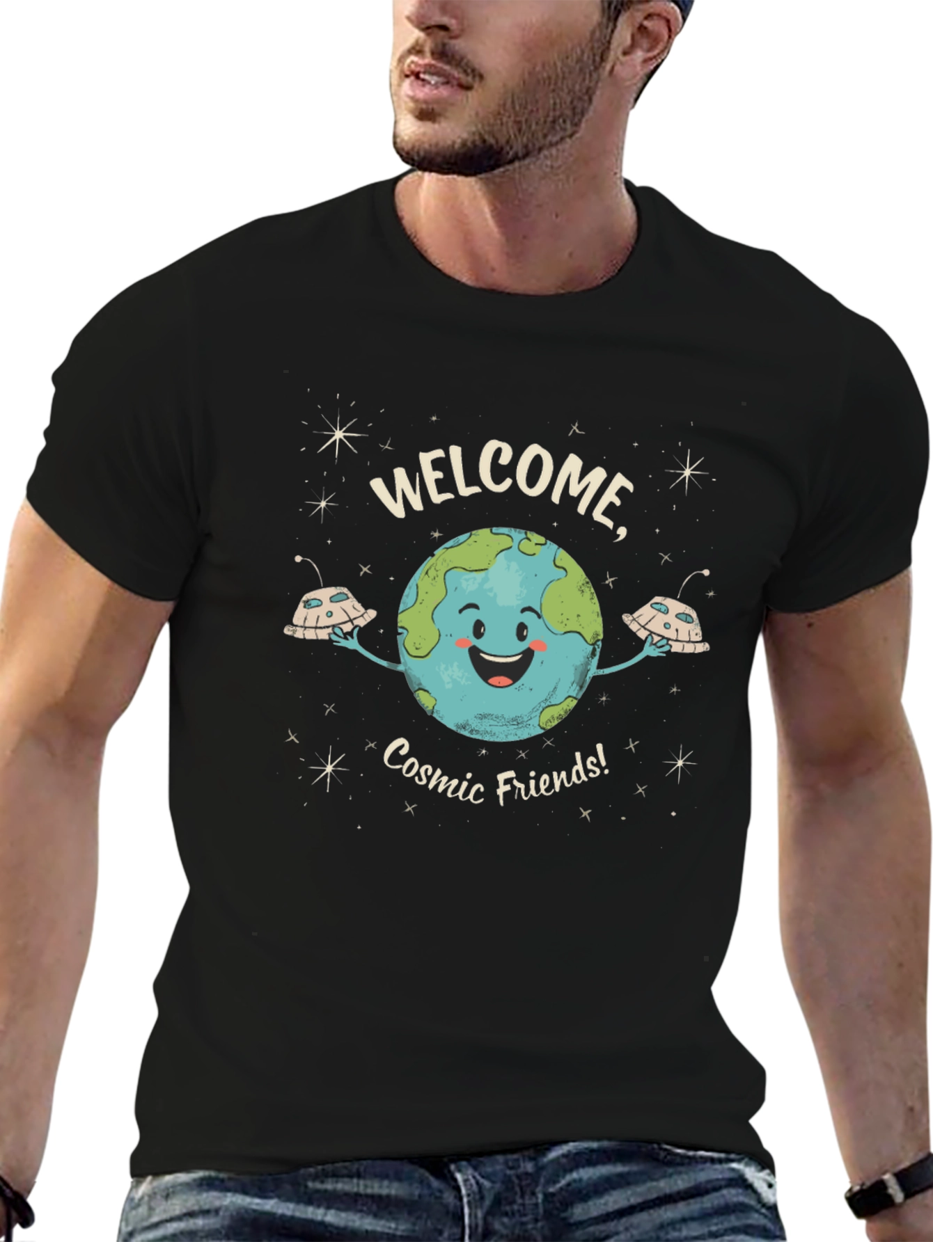 Welcome Cosmic Friends Black Graphic T-Shirt