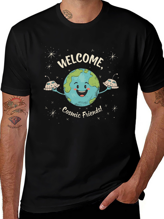 Welcome Cosmic Friends Black Graphic T-Shirt