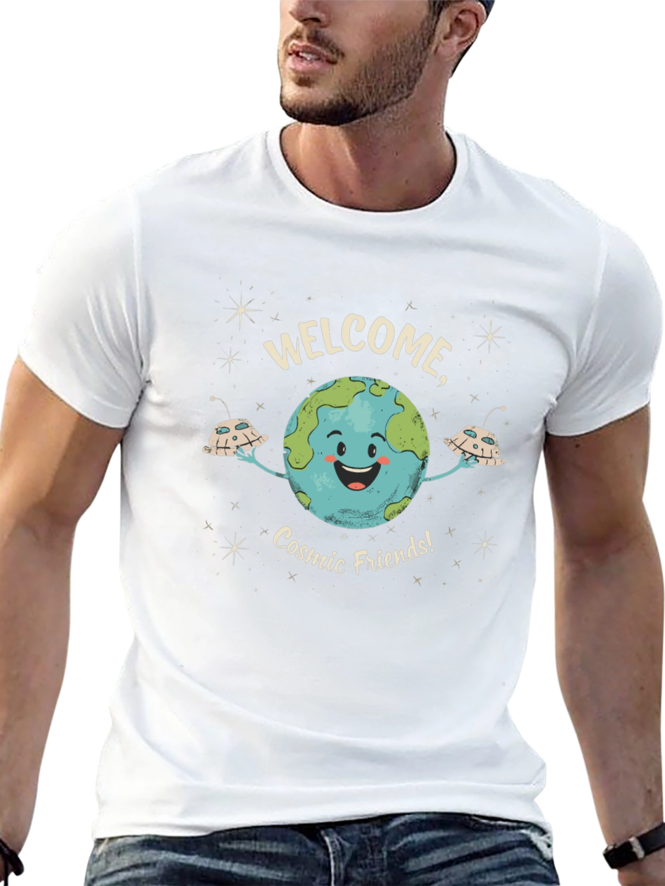 Welcome Cosmic Friends Black Graphic T-Shirt