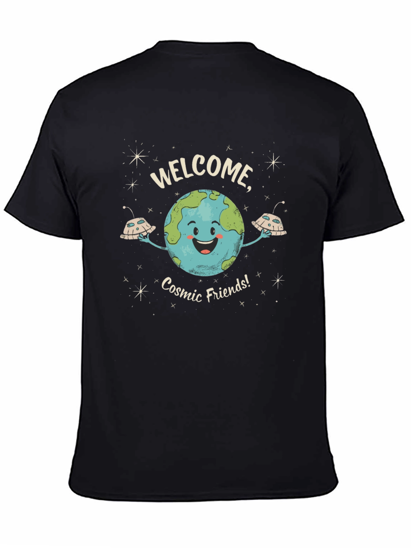 Welcome Cosmic Friends Black Graphic T-Shirt