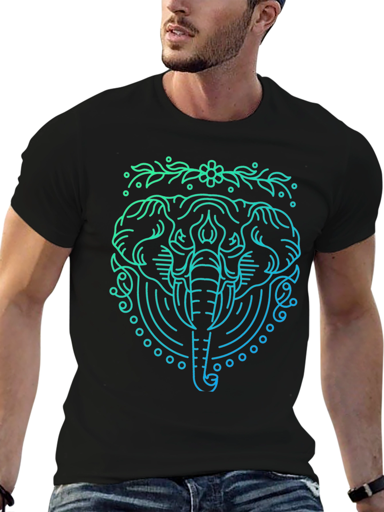 Elephant Line Art Graphic Tee - Black