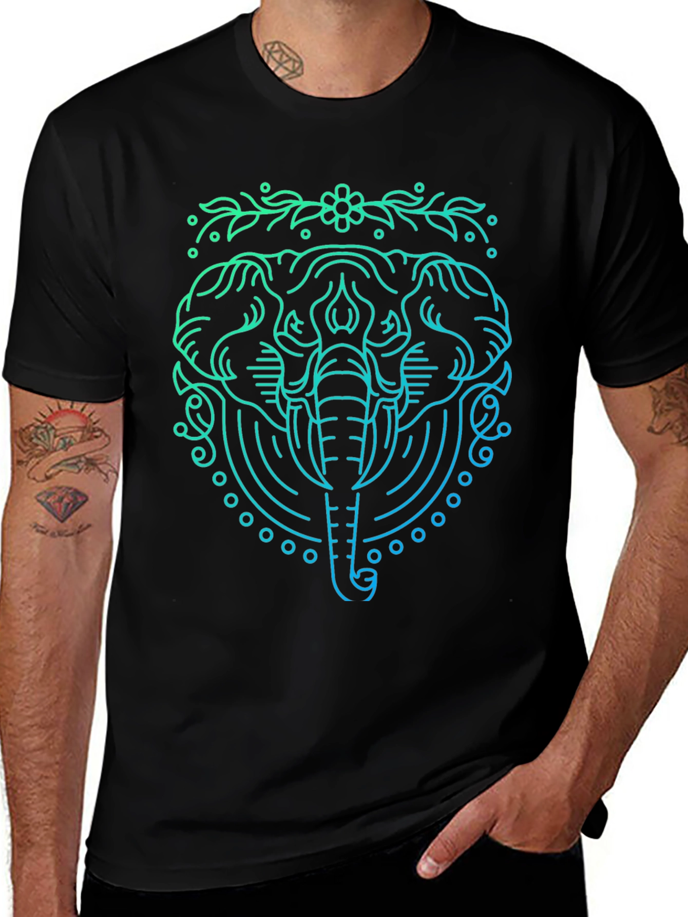 Elephant Line Art Graphic Tee - Black