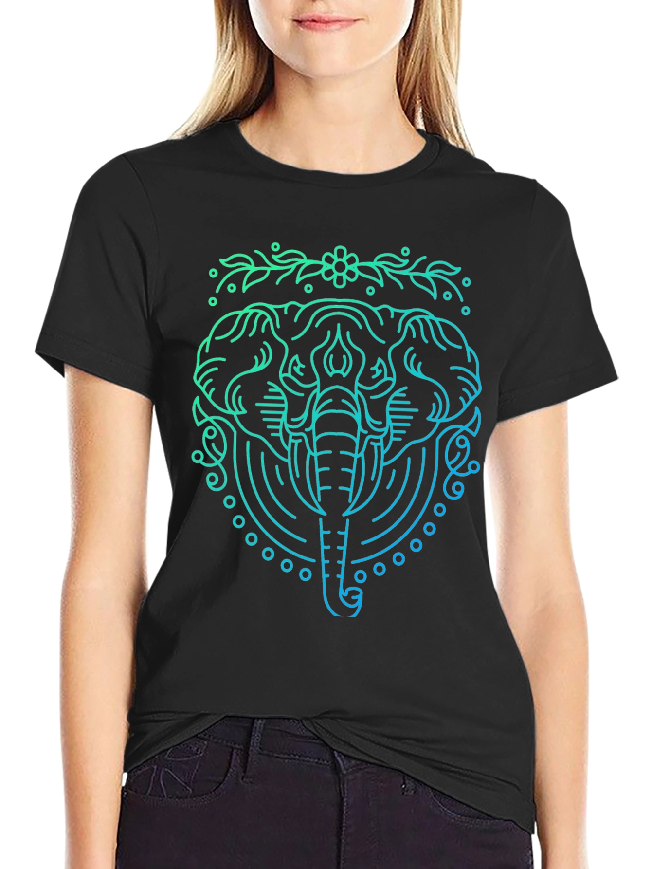 Elephant Line Art Graphic Tee - Black