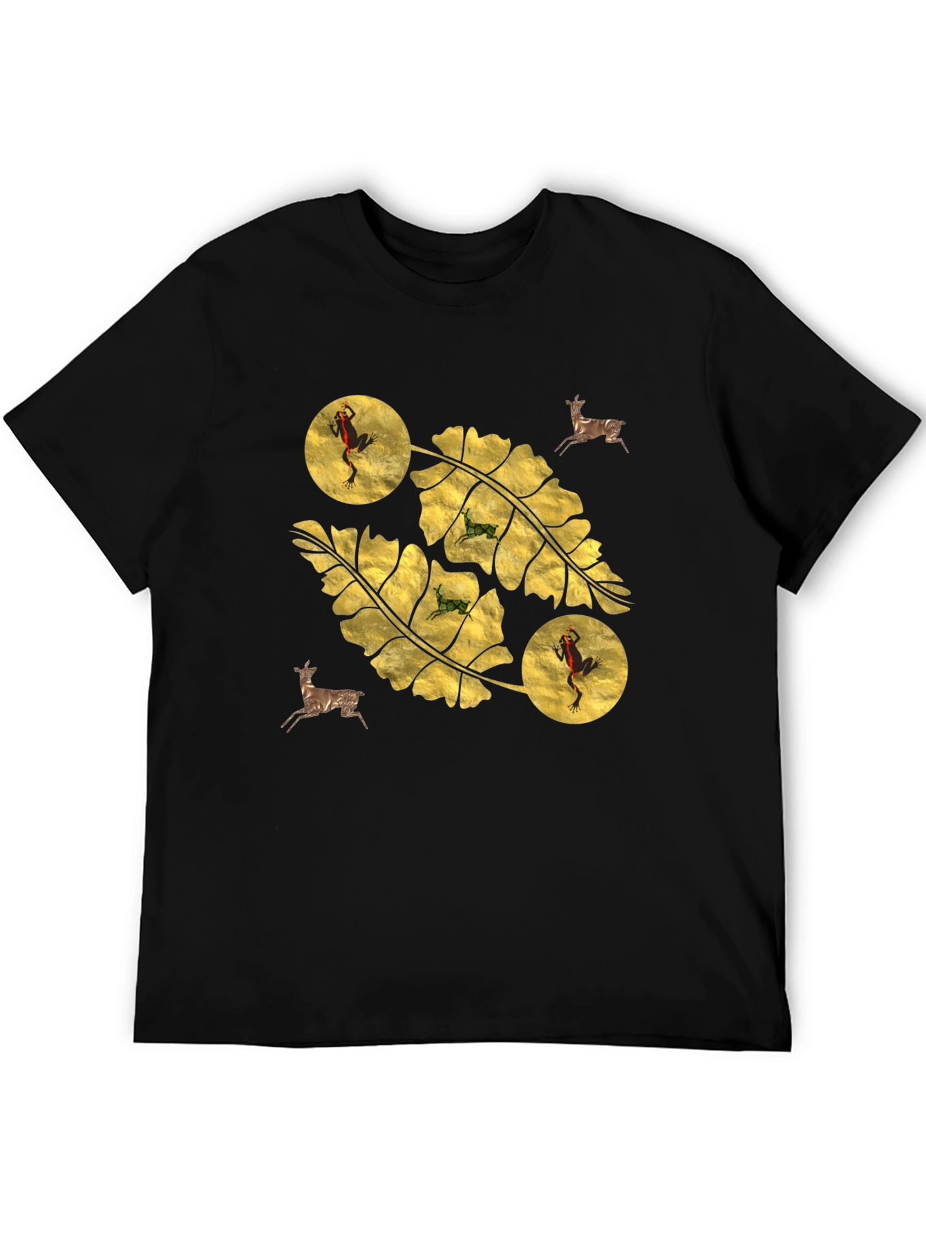 Botanical Frog & Deer Print Black T-Shirt
