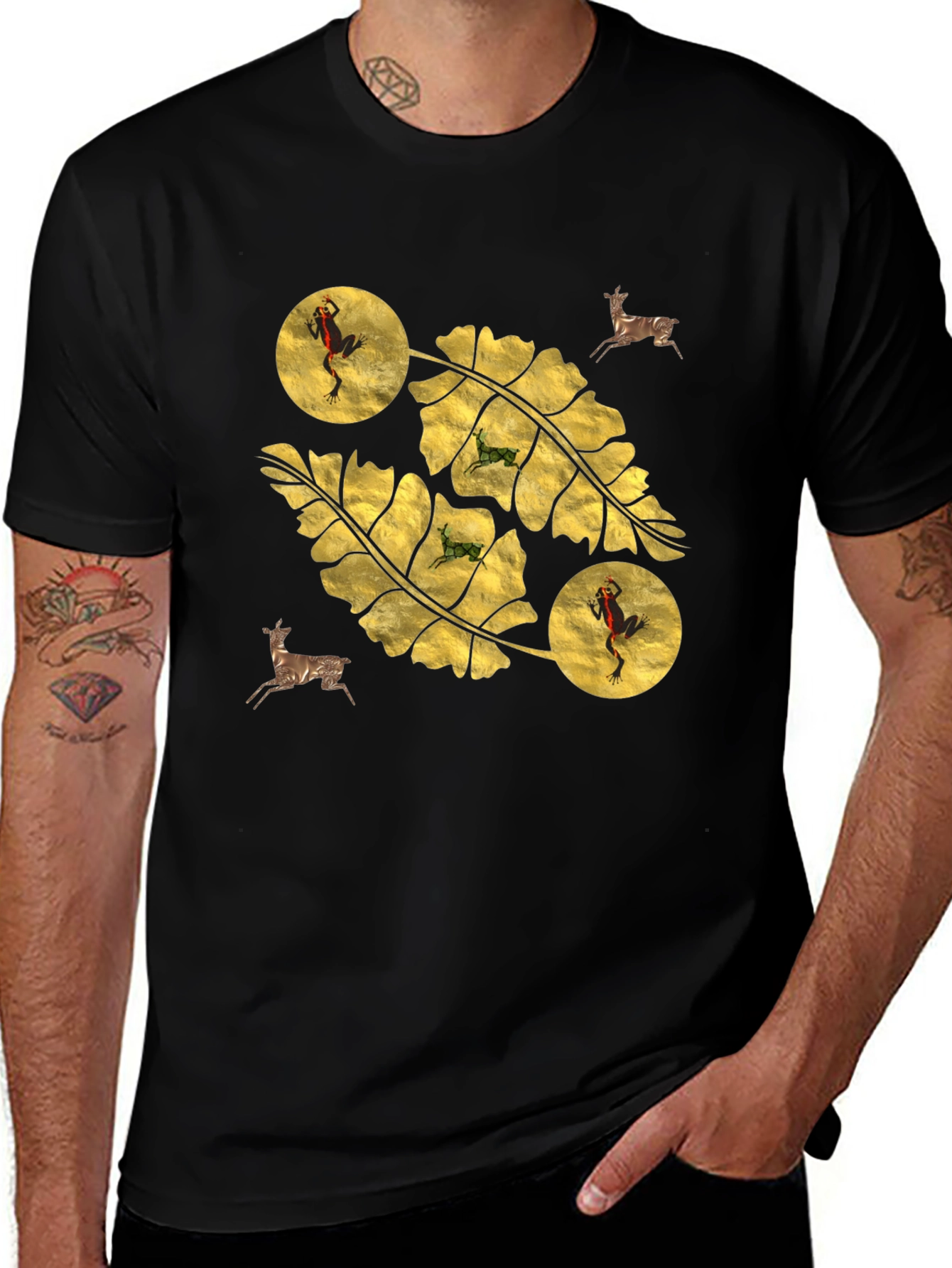 Botanical Frog & Deer Print Black T-Shirt