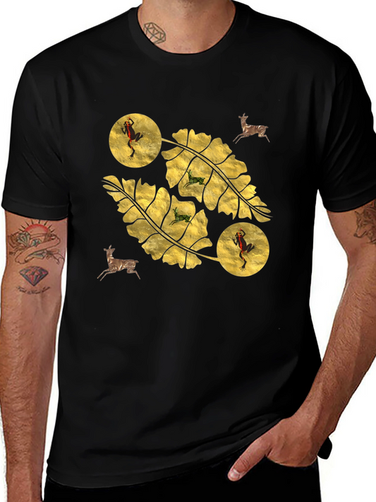 Botanical Frog & Deer Print Black T-Shirt