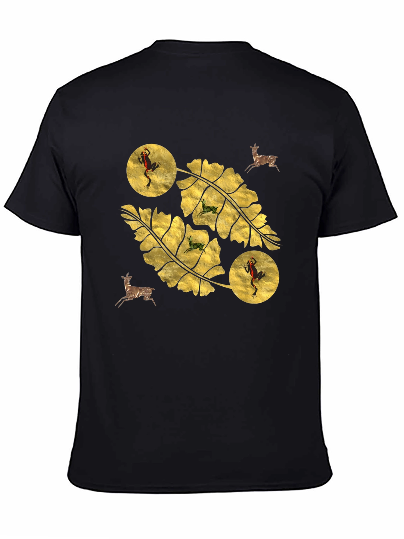 Botanical Frog & Deer Print Black T-Shirt