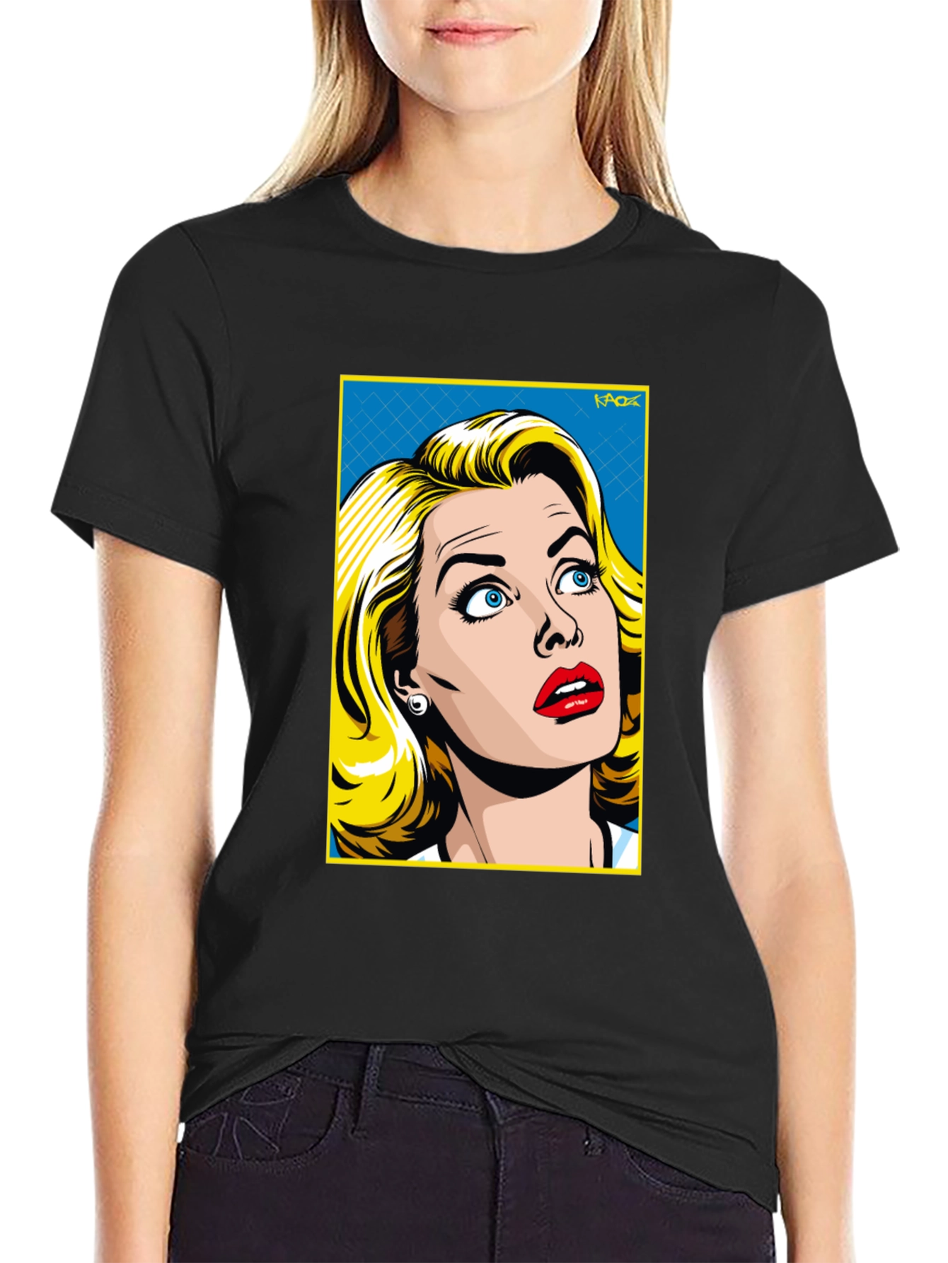 Retro Pop Art Woman T-Shirt - Black Cotton Tee