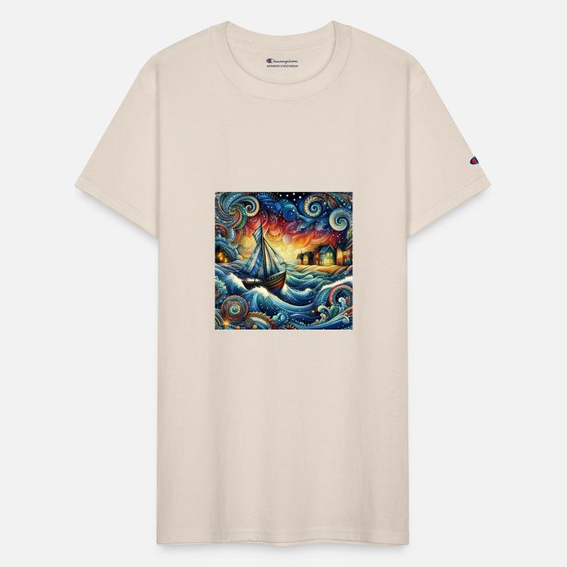 Sailing boat on turbulent waves near dutch houses