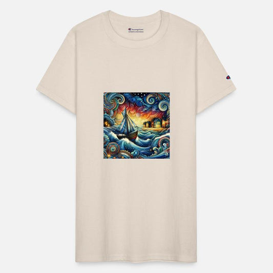 Sailing boat on turbulent waves near dutch houses