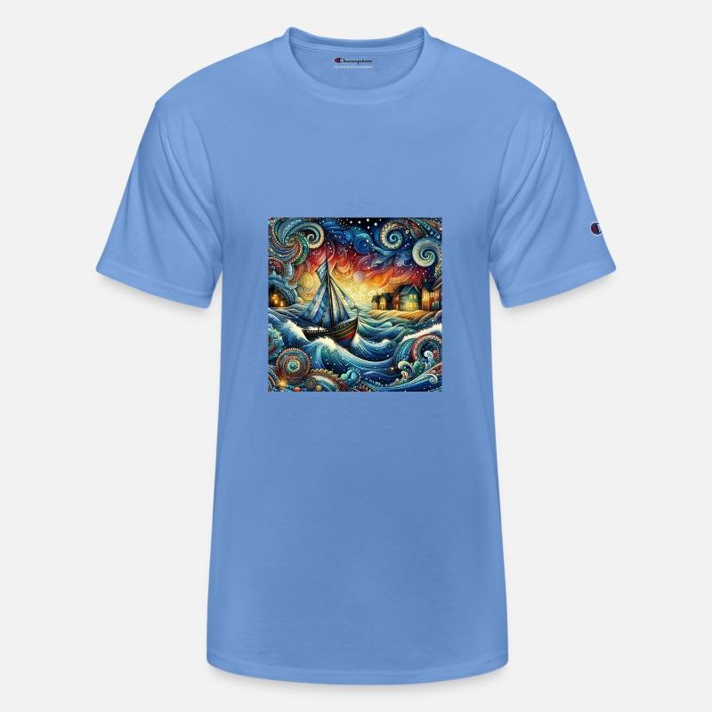 Sailing boat on turbulent waves near dutch houses