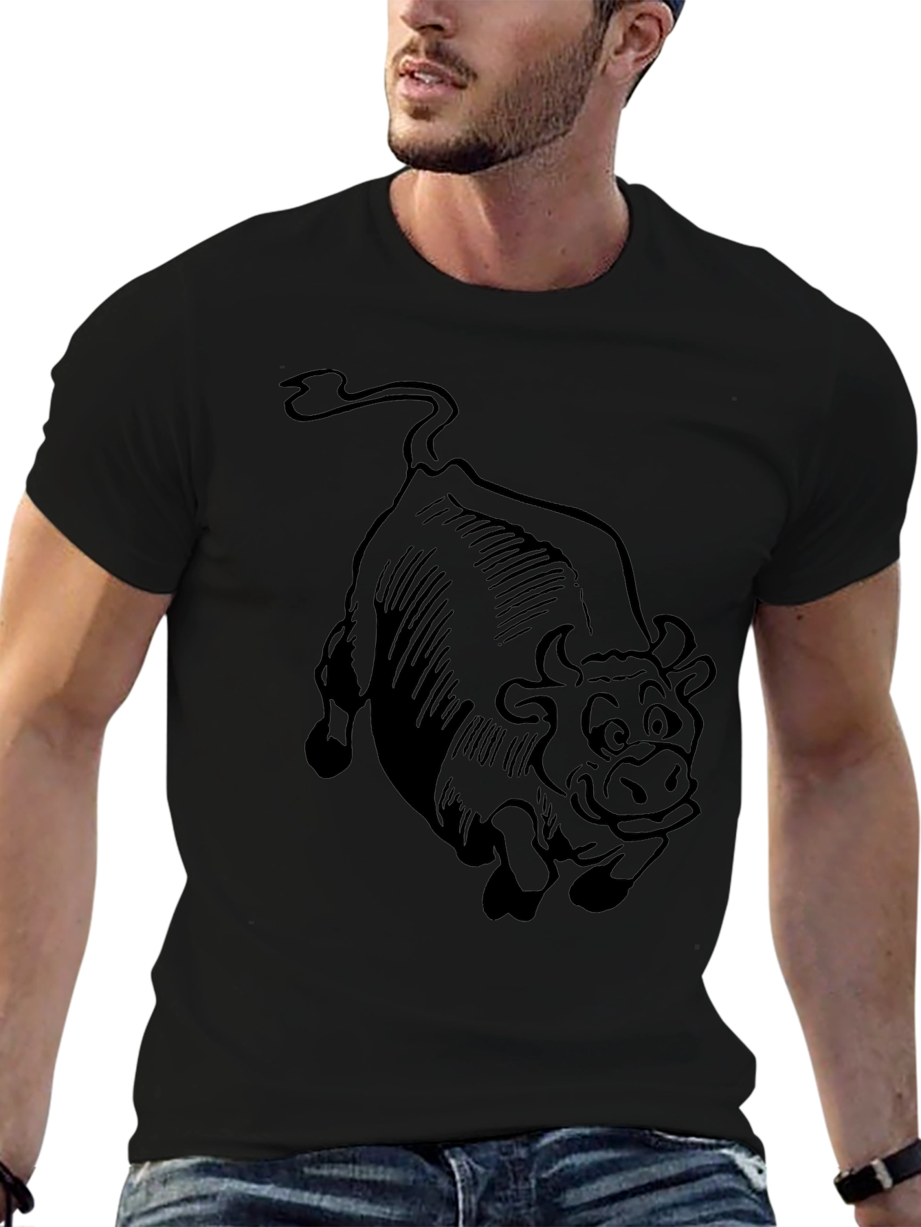 Cartoon Bull Graphic Tee - Black Cotton T-Shirt