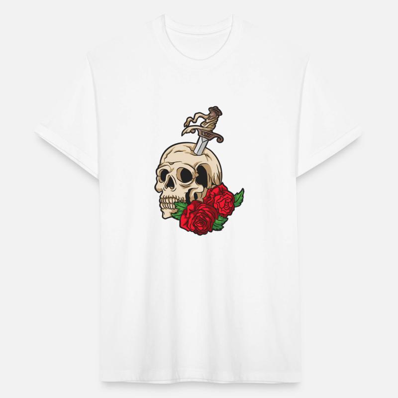 Skeleton Skull Sword Red Rose Flower Tattoo Style