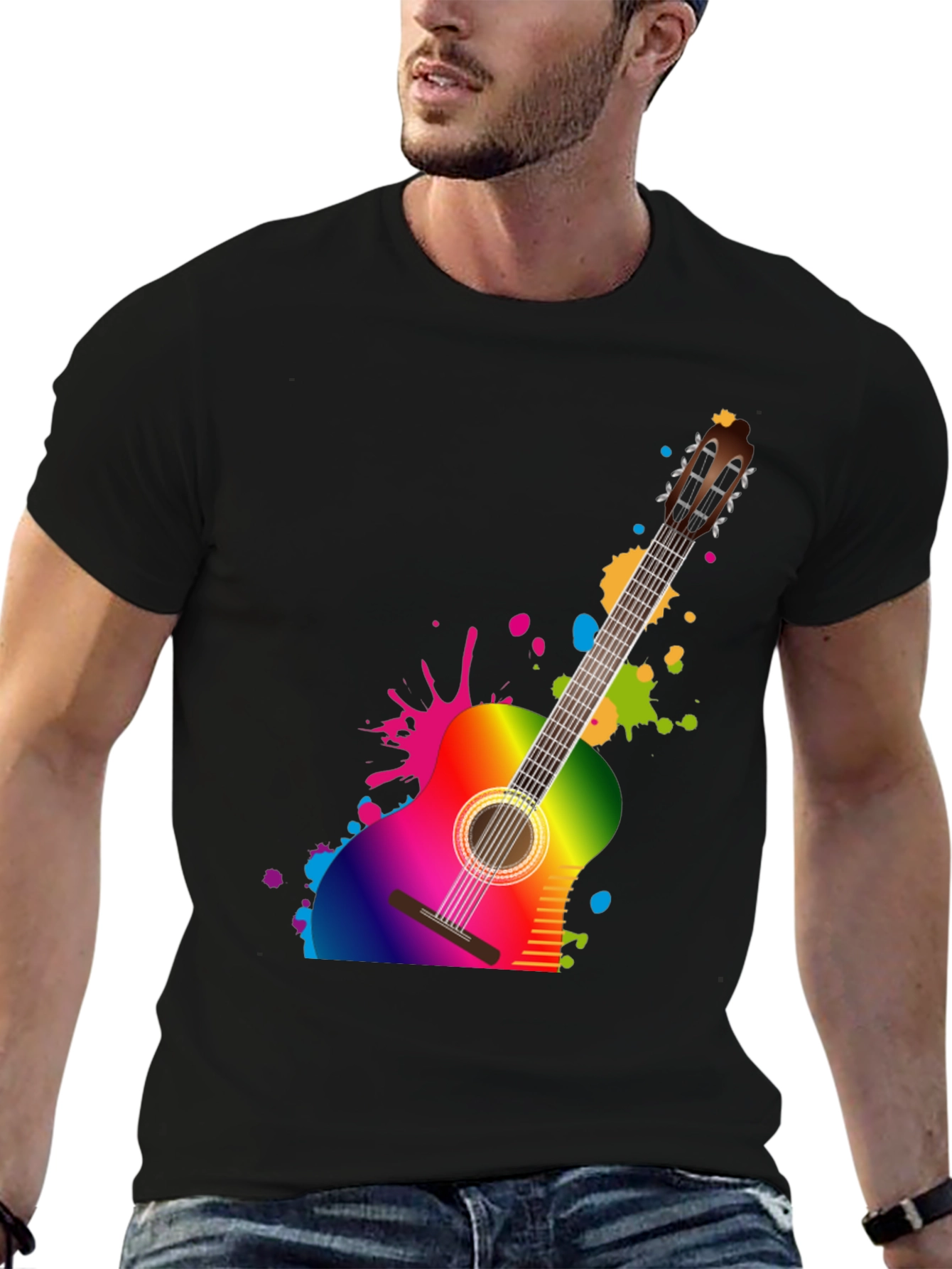 Rainbow Guitar Graphic Black T-Shirt