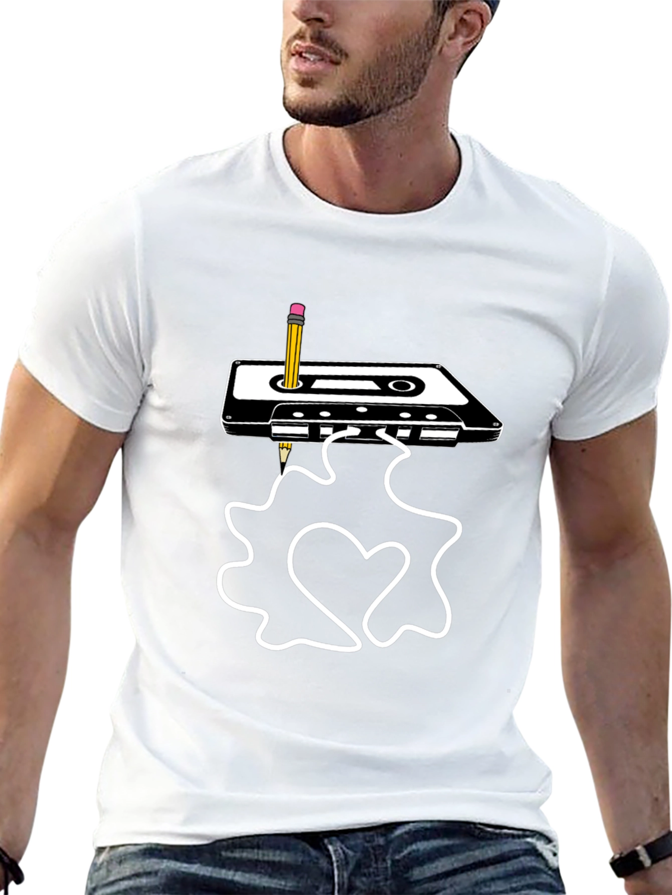 Retro Cassette & Pencil Graphic Tee - Black