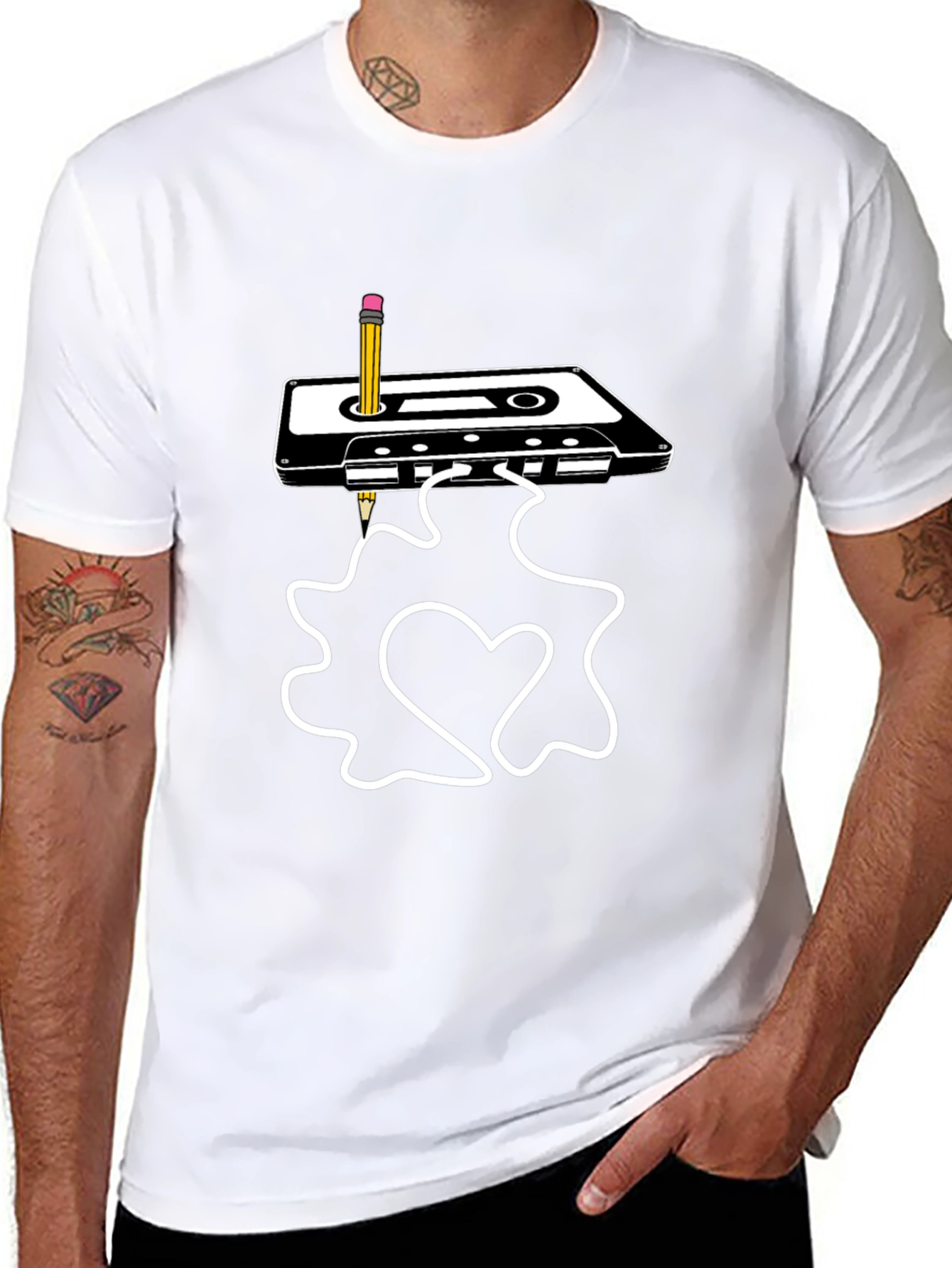 Retro Cassette & Pencil Graphic Tee - Black