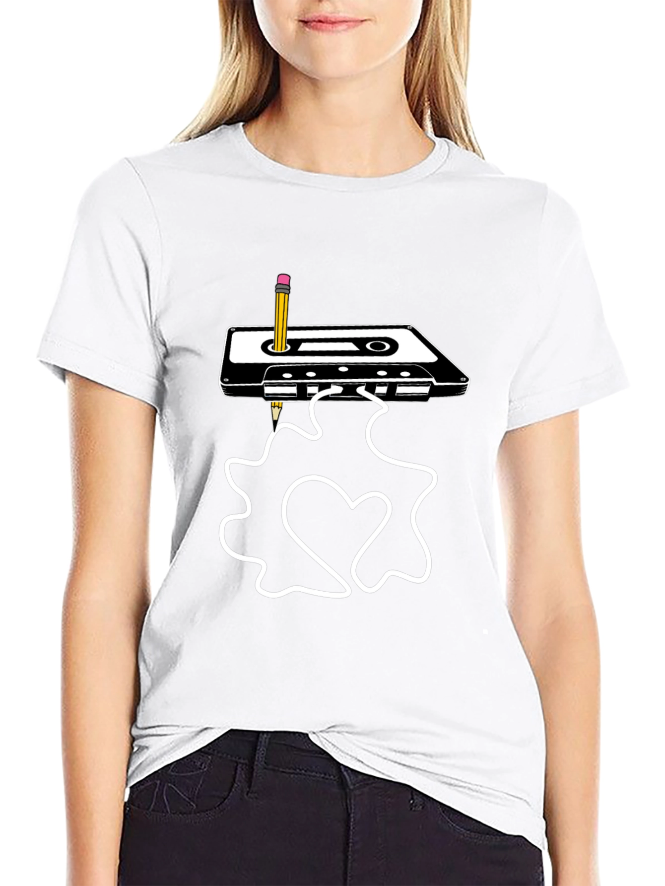 Retro Cassette & Pencil Graphic Tee - Black