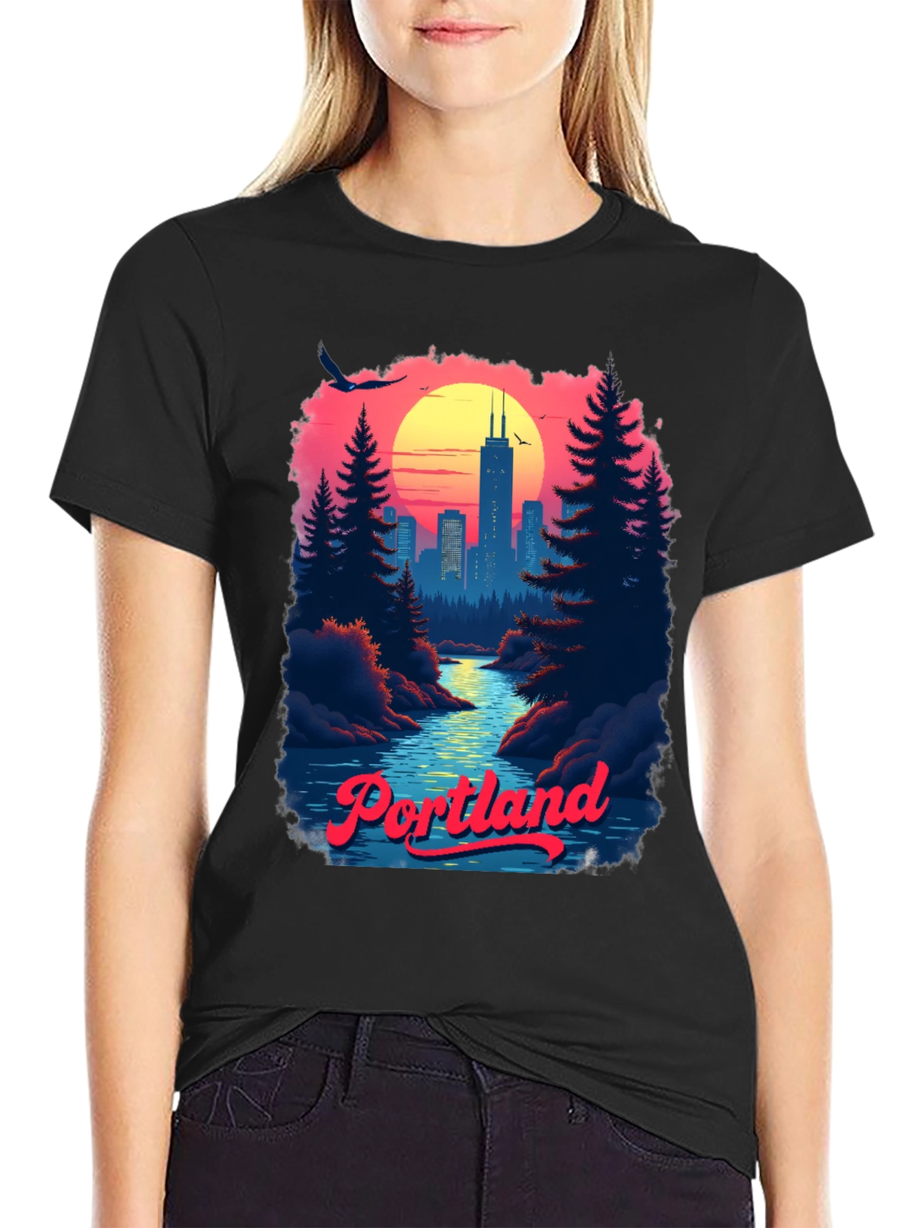 Retro Portland Cityscape Graphic T-Shirt