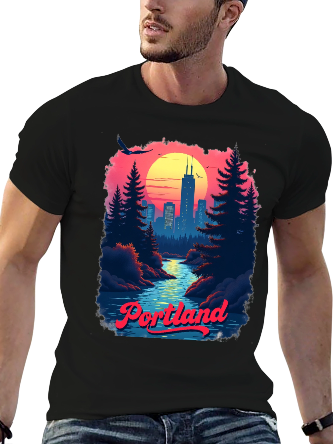 Retro Portland Cityscape Graphic T-Shirt