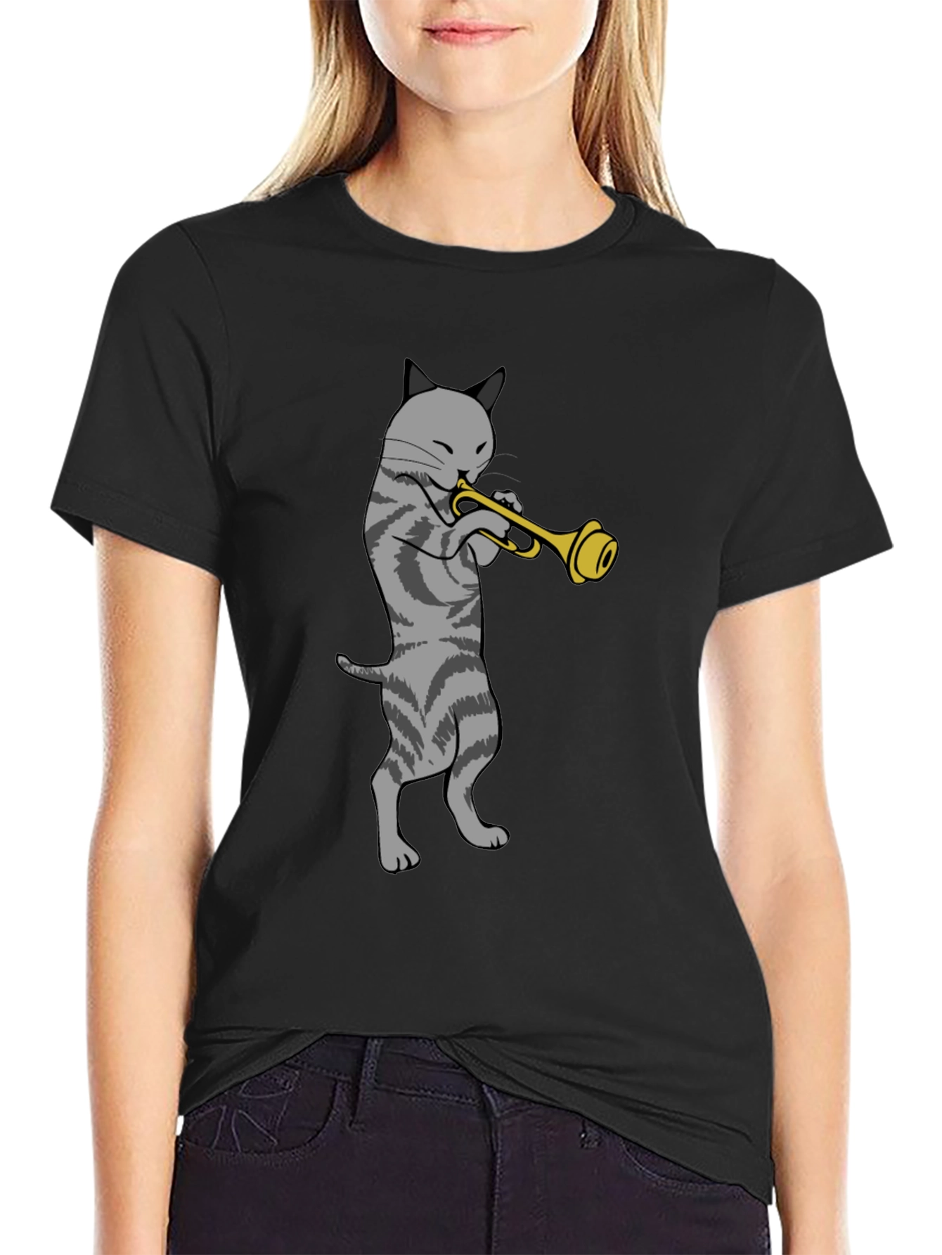 Cat Trumpet Graphic Tee - Black