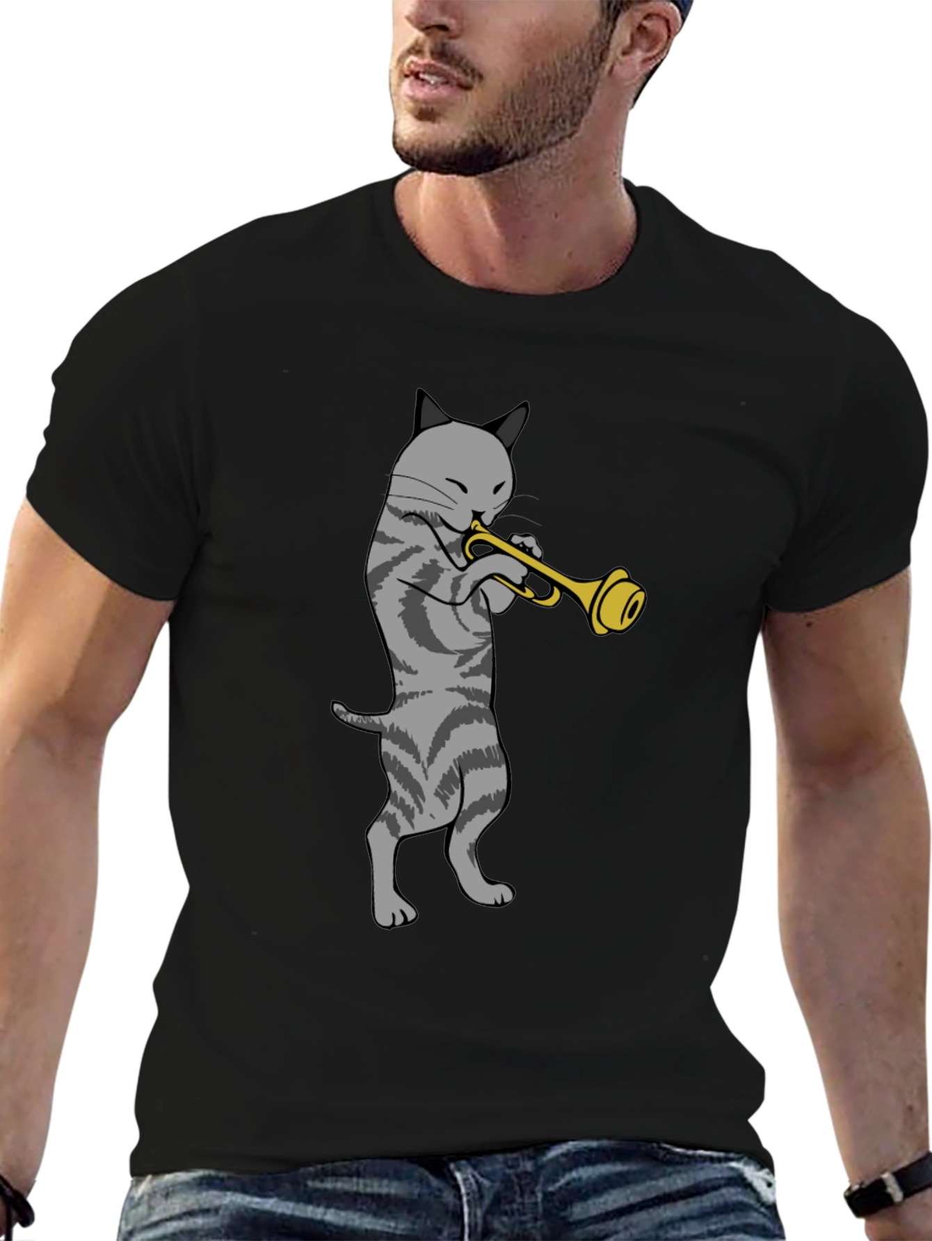 Cat Trumpet Graphic Tee - Black