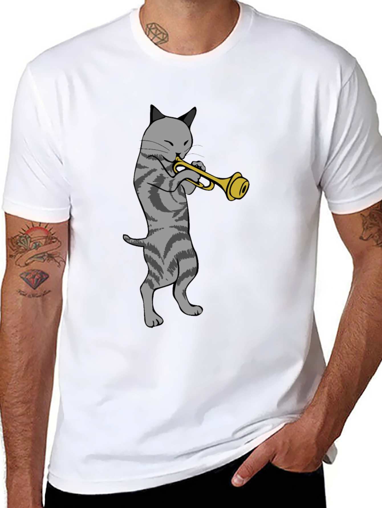 Cat Trumpet Graphic Tee - Black