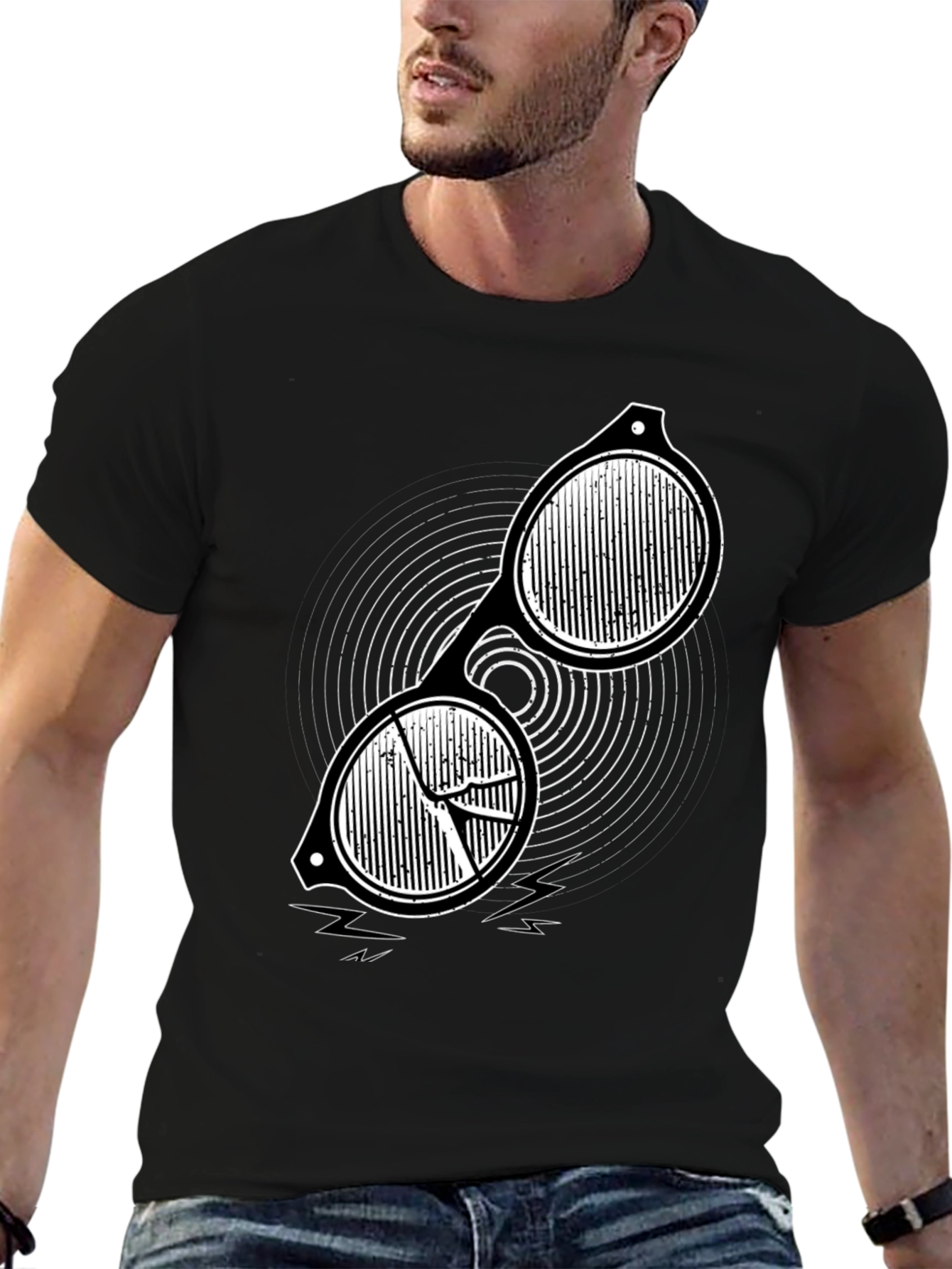 Mens Black Graphic Tee - Retro Sunglasses Design