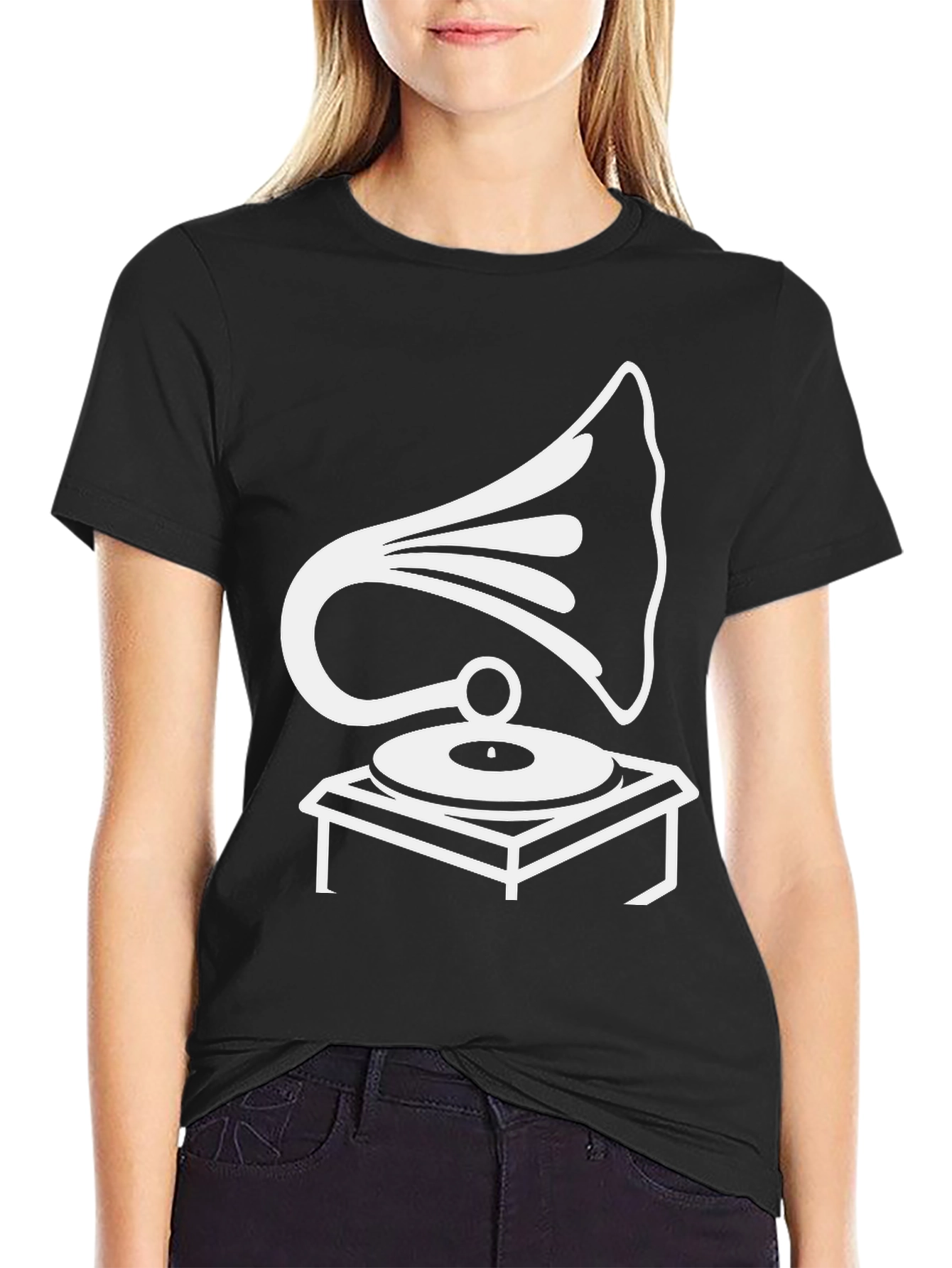 Retro Phonograph Graphic Tee - Black