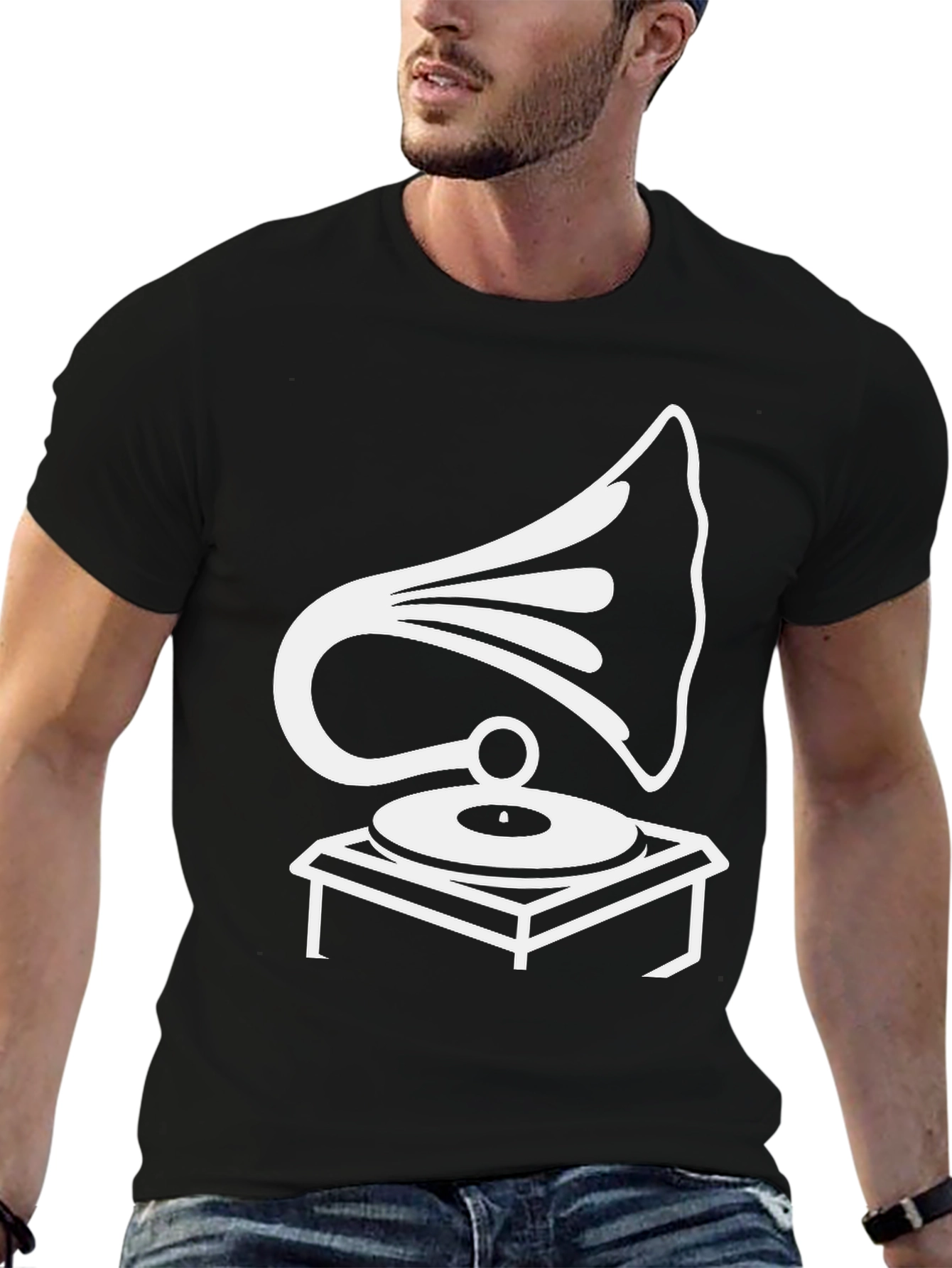 Retro Phonograph Graphic Tee - Black