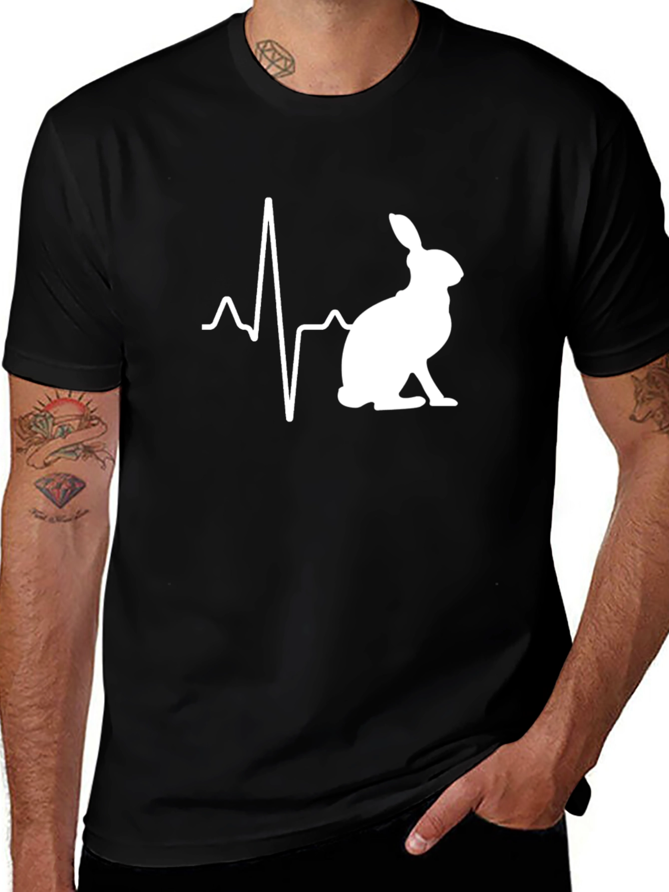 Rabbit Heartbeat T-Shirt - Mens Black Crew Neck Tee