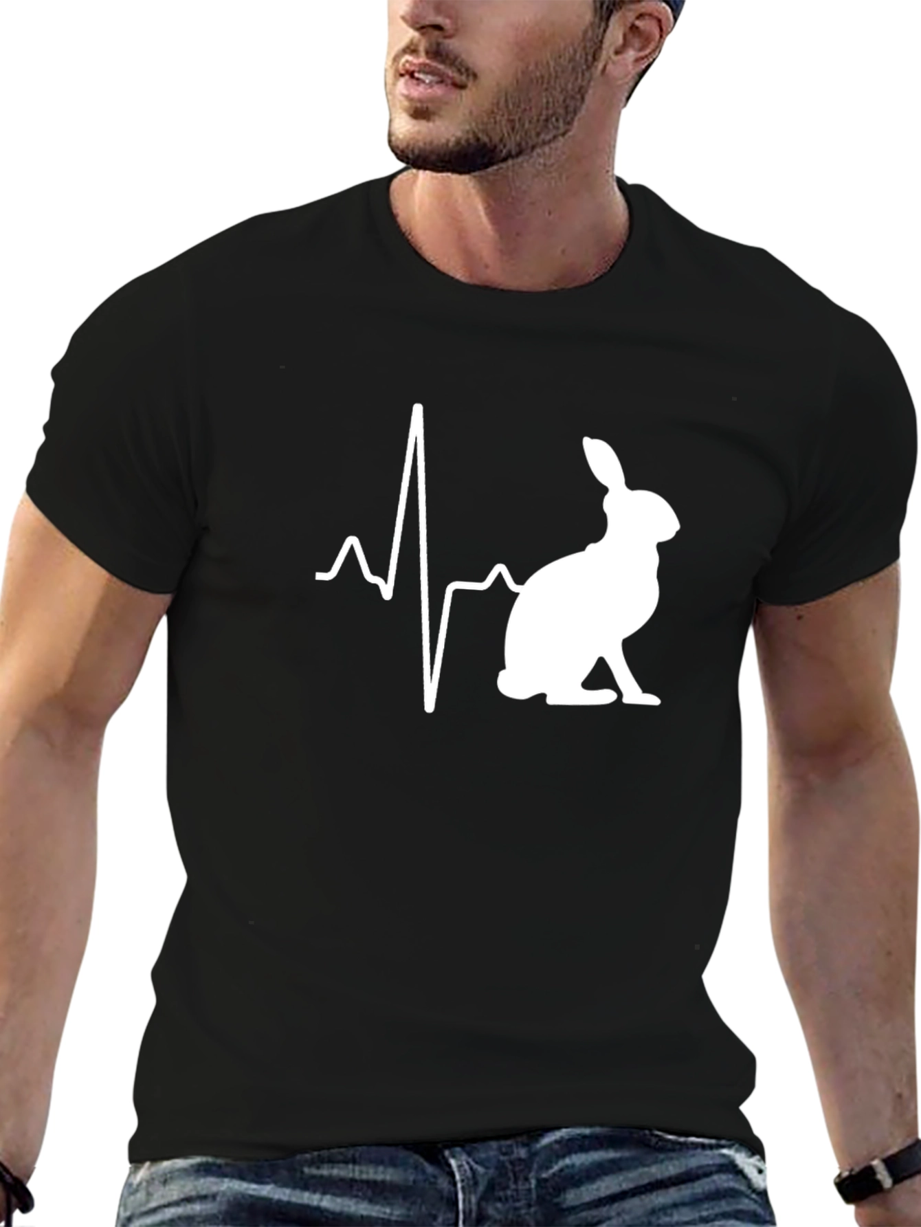 Rabbit Heartbeat T-Shirt - Mens Black Crew Neck Tee