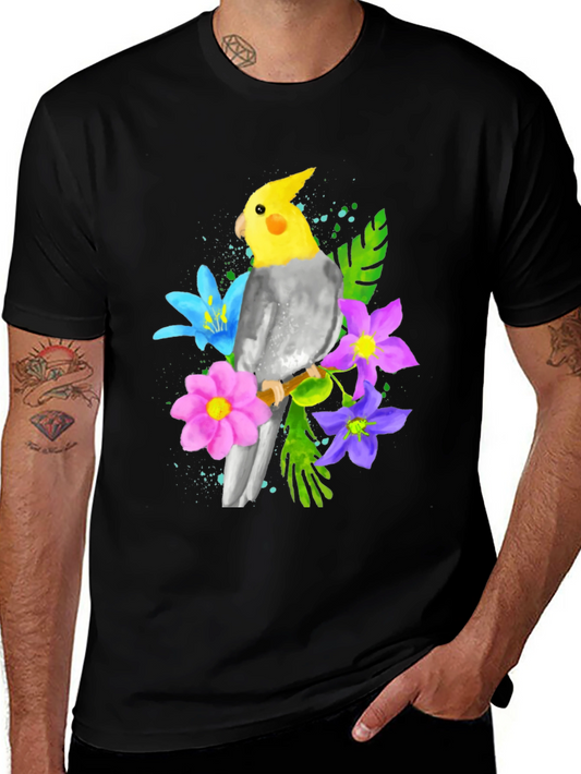 Cockatiel & Floral Graphic Tee - Bird Lover T-Shirt