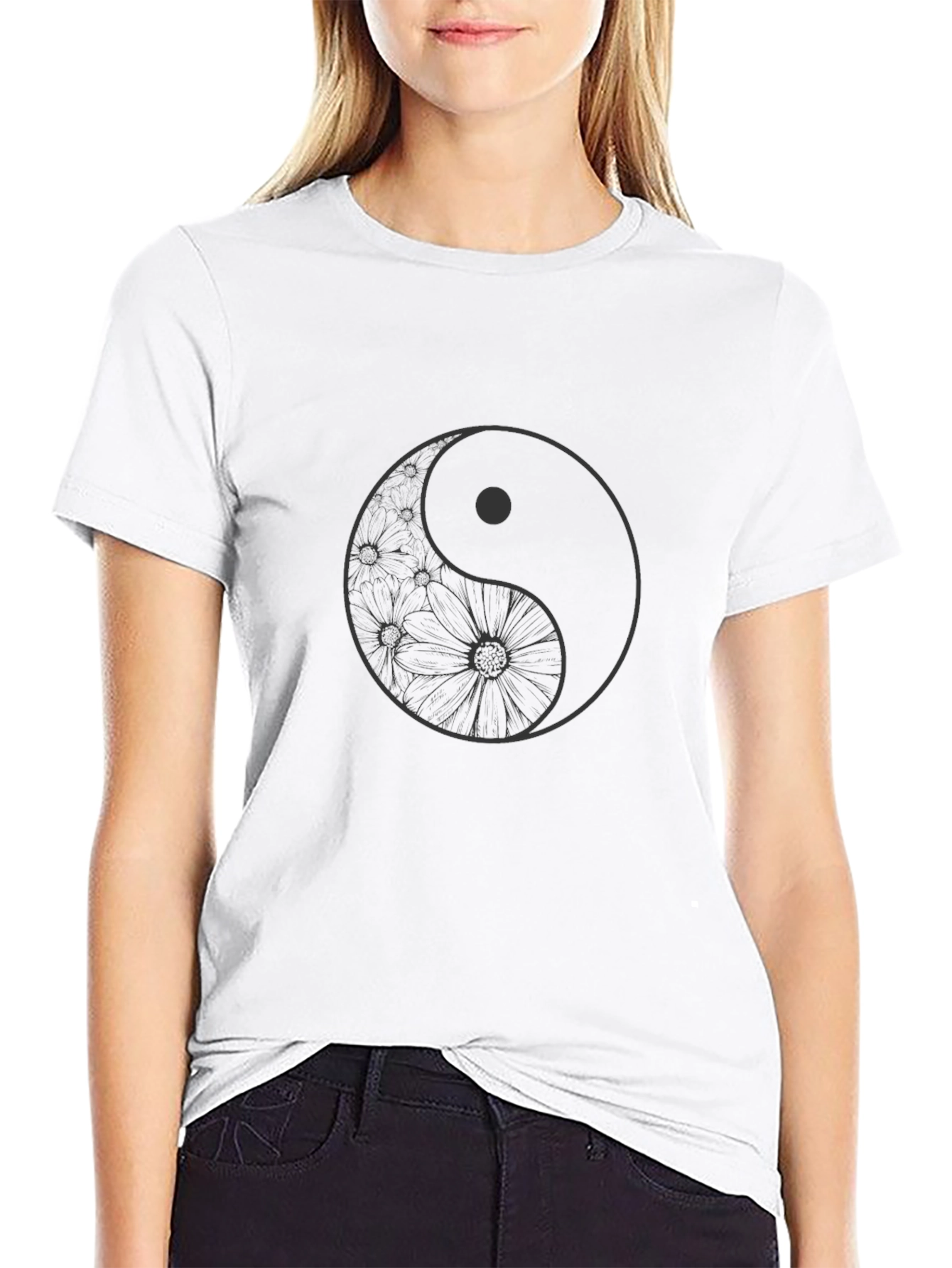 Yin Yang Floral Graphic T-Shirt - Black