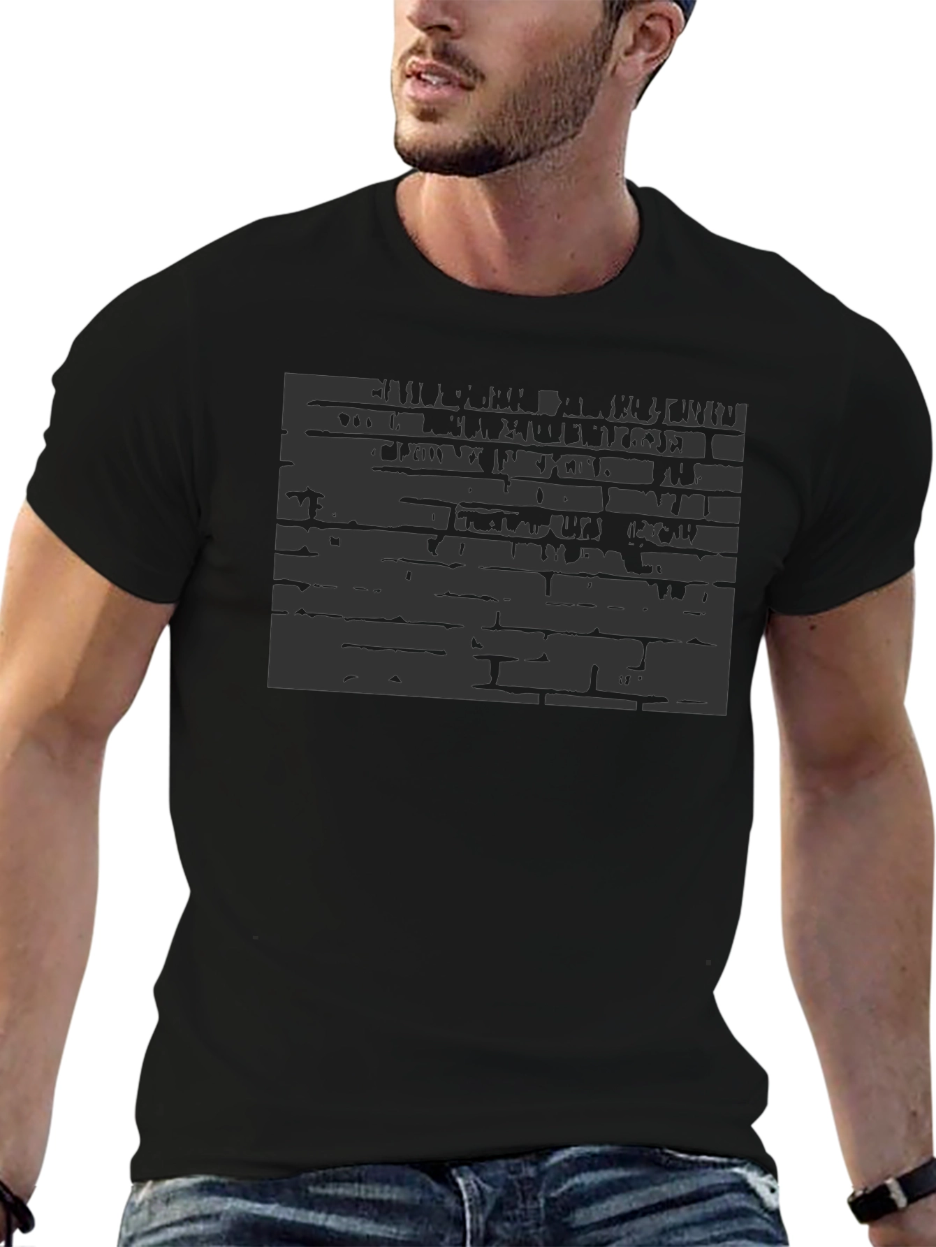 Abstract Brick Wall Print Black T-Shirt