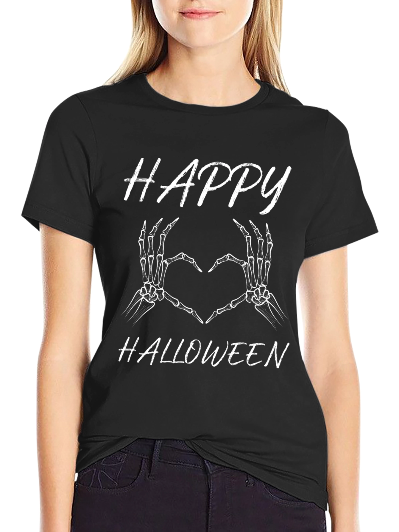 Happy Halloween Skeleton Hand Heart Graphic Tee